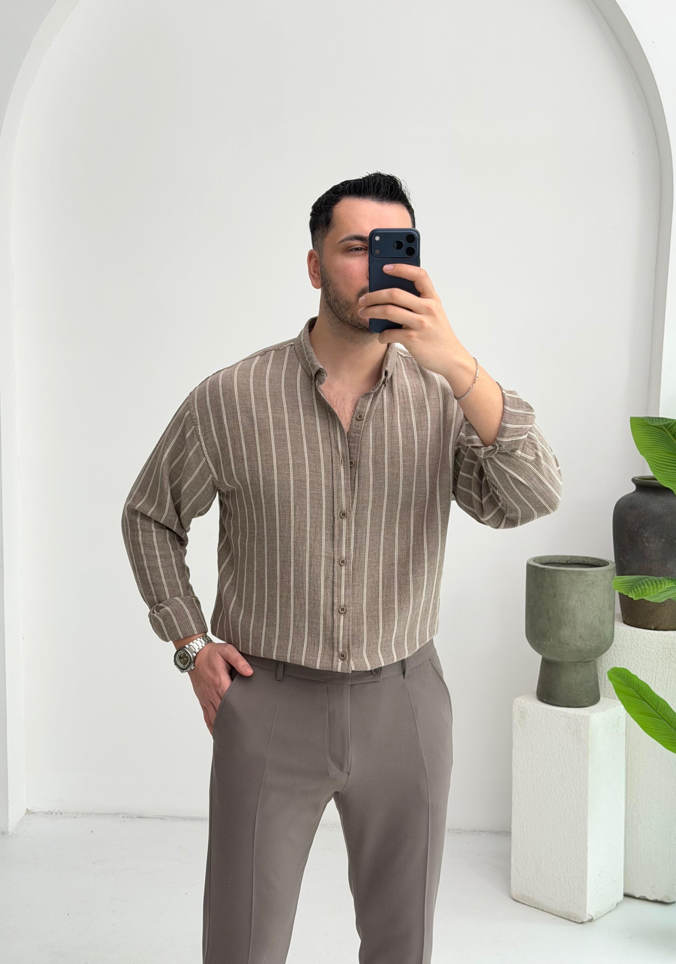 Minimal Çizgili Kahve Oversize Müslin Gömlek