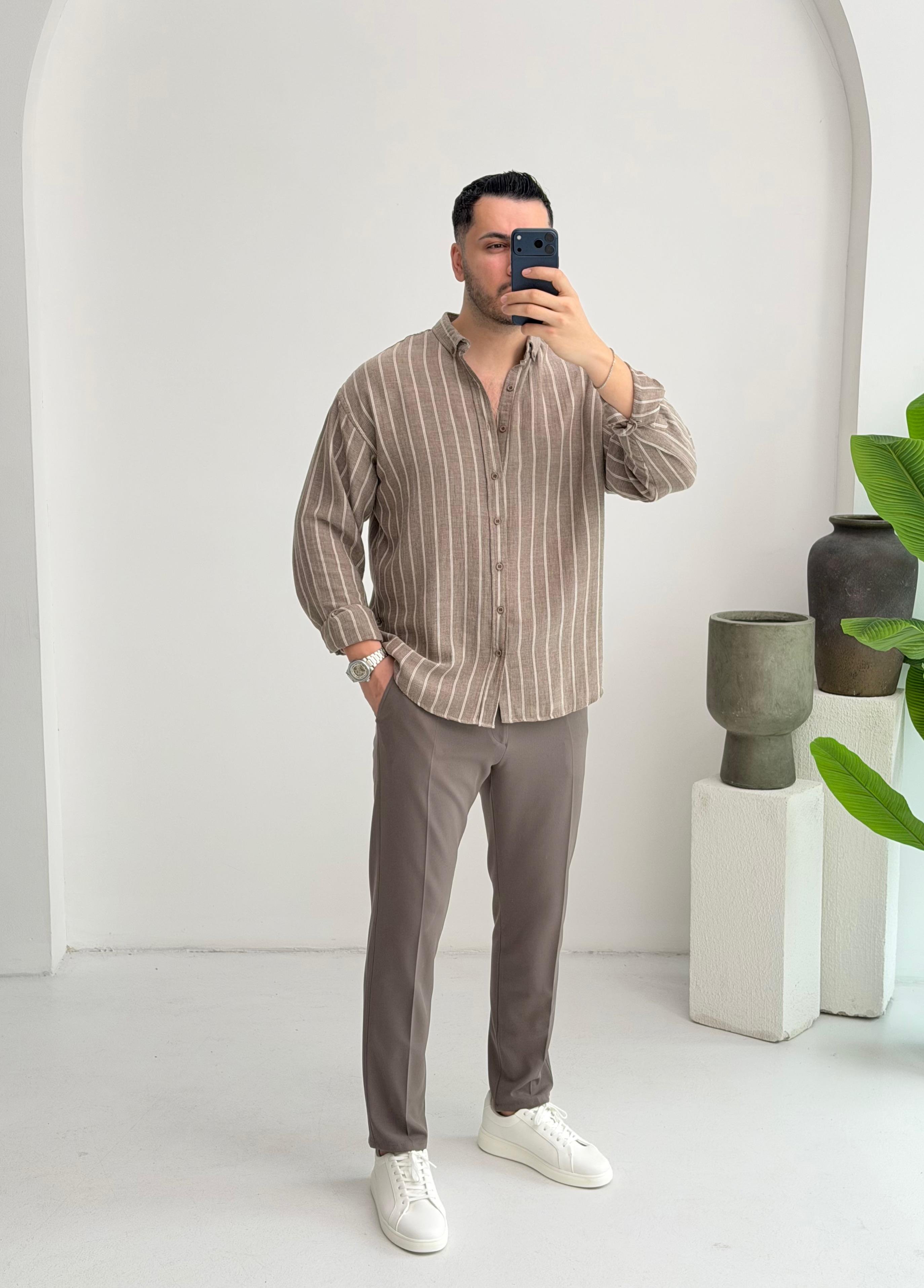 Minimal Çizgili Kahve Oversize Müslin Gömlek