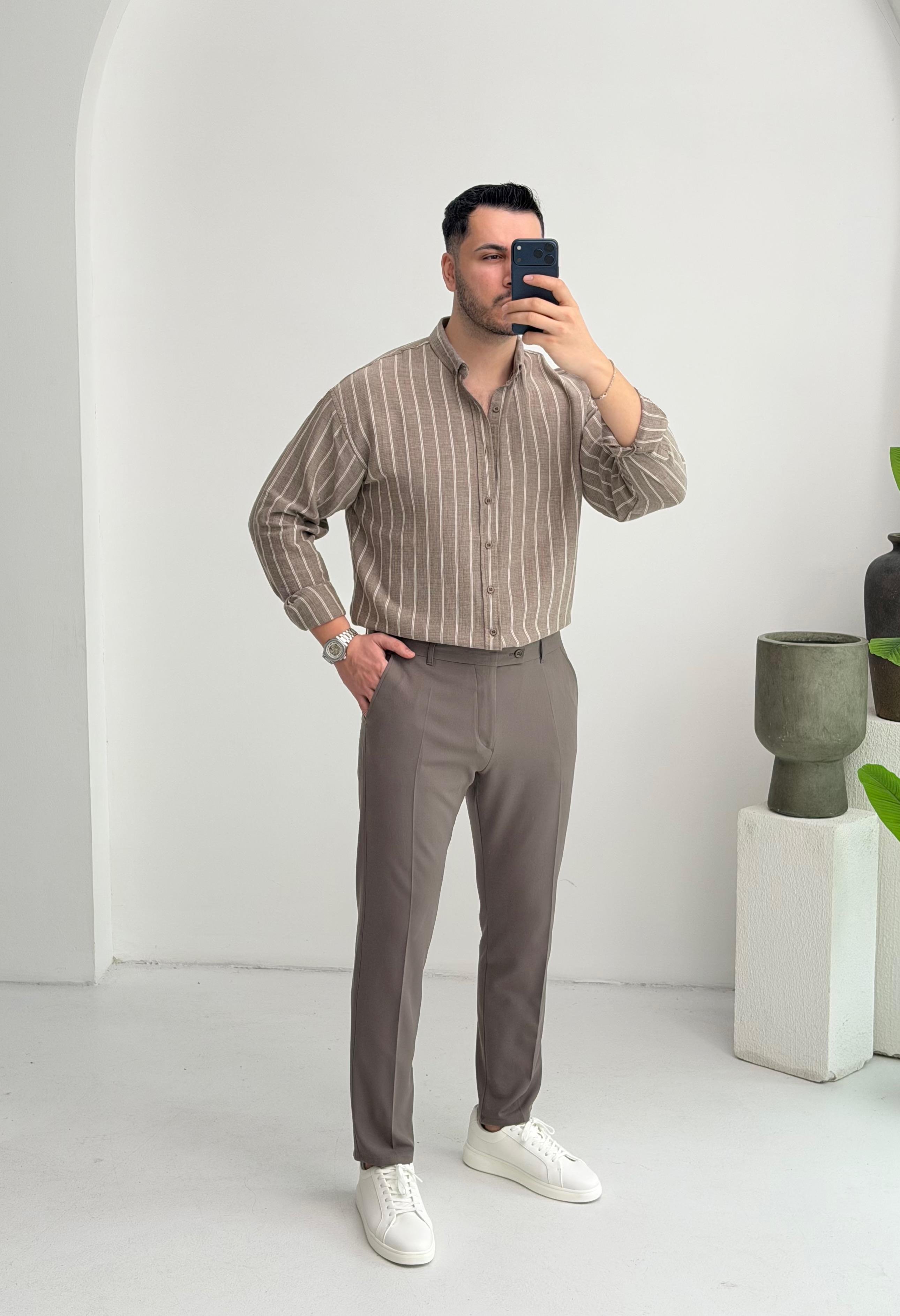 Minimal Çizgili Kahve Oversize Müslin Gömlek