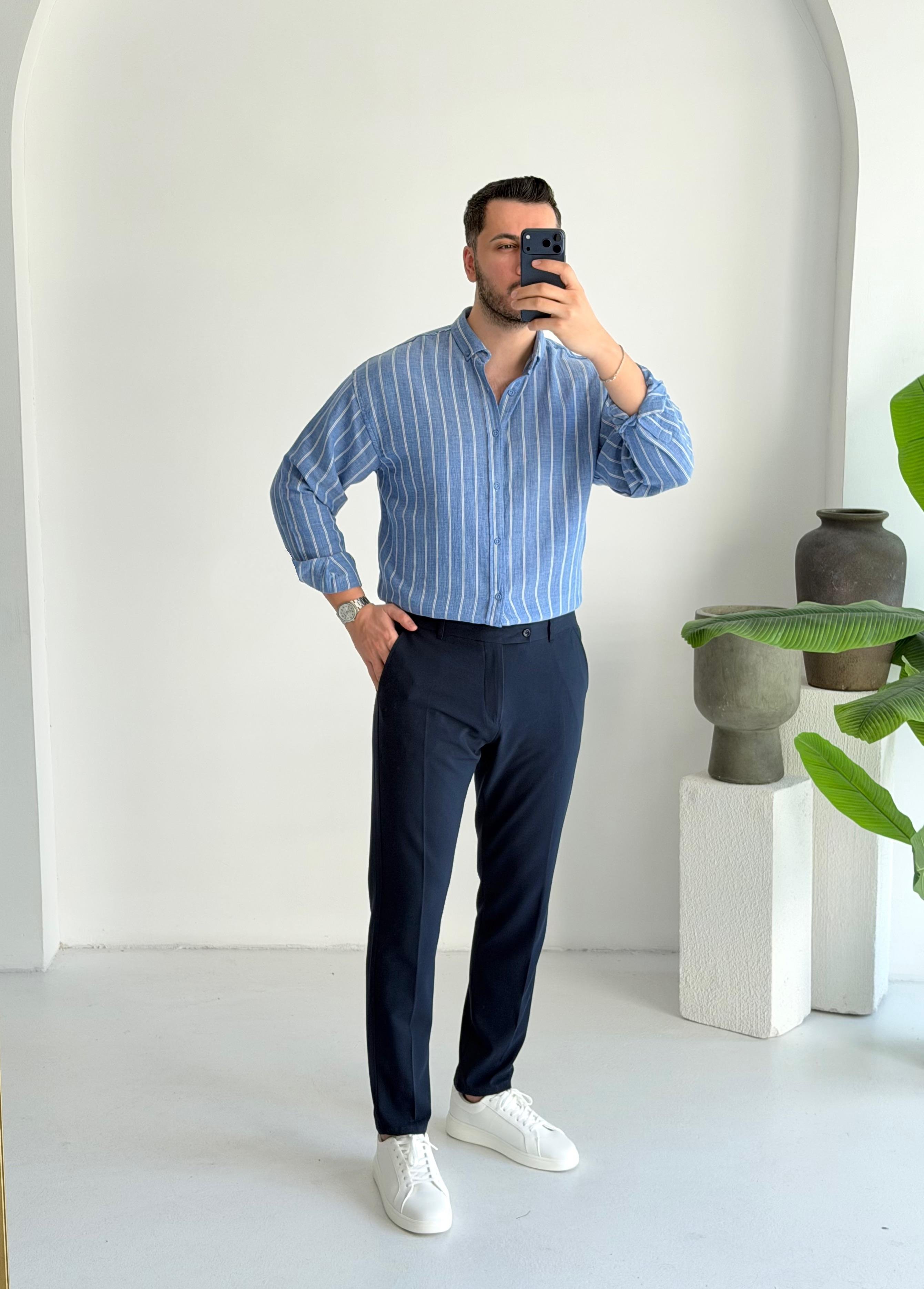 Minimal Çizgili Lacivert Oversize Müslin Gömlek