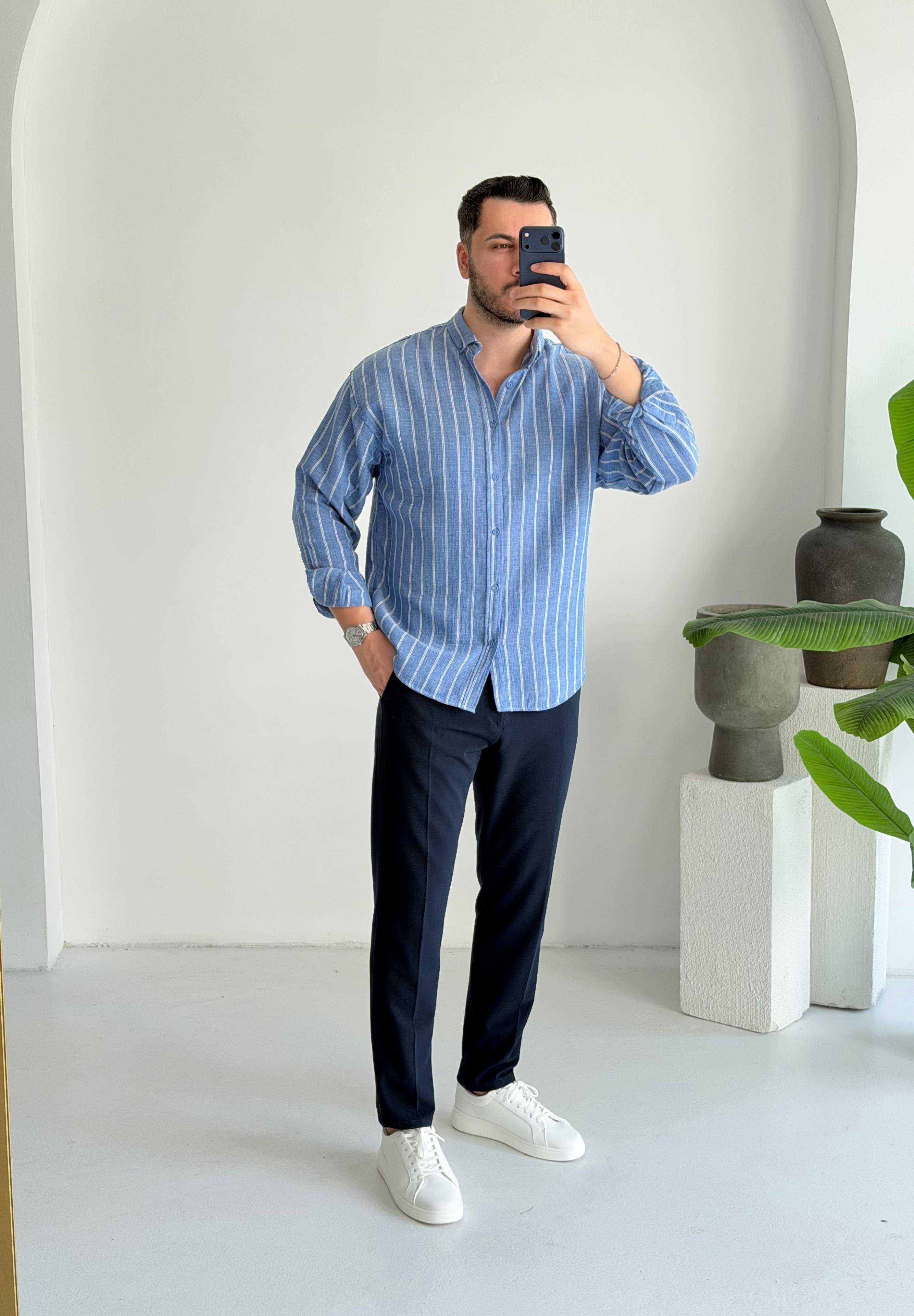 Minimal Çizgili Lacivert Oversize Müslin Gömlek