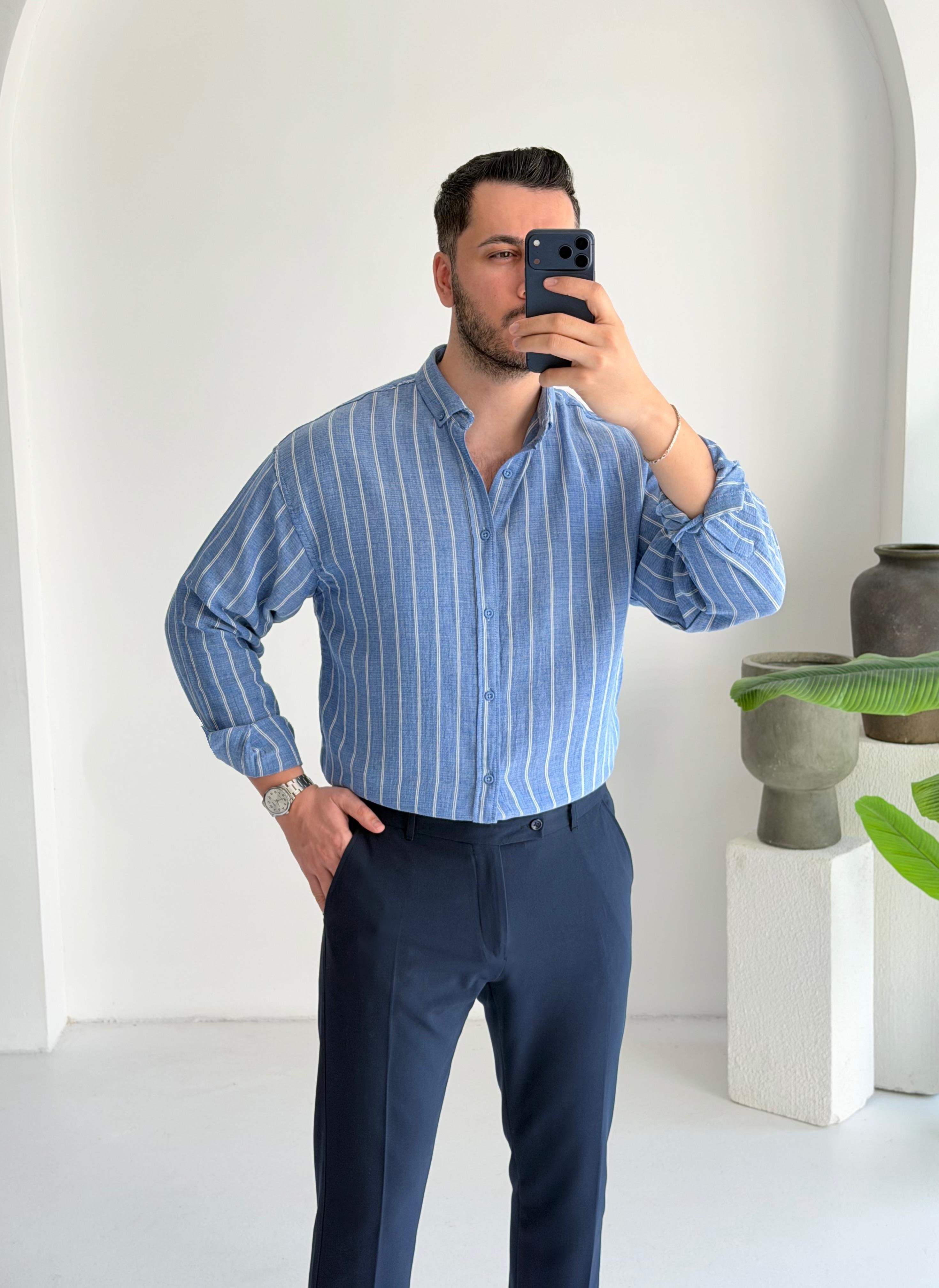 Minimal Çizgili Lacivert Oversize Müslin Gömlek