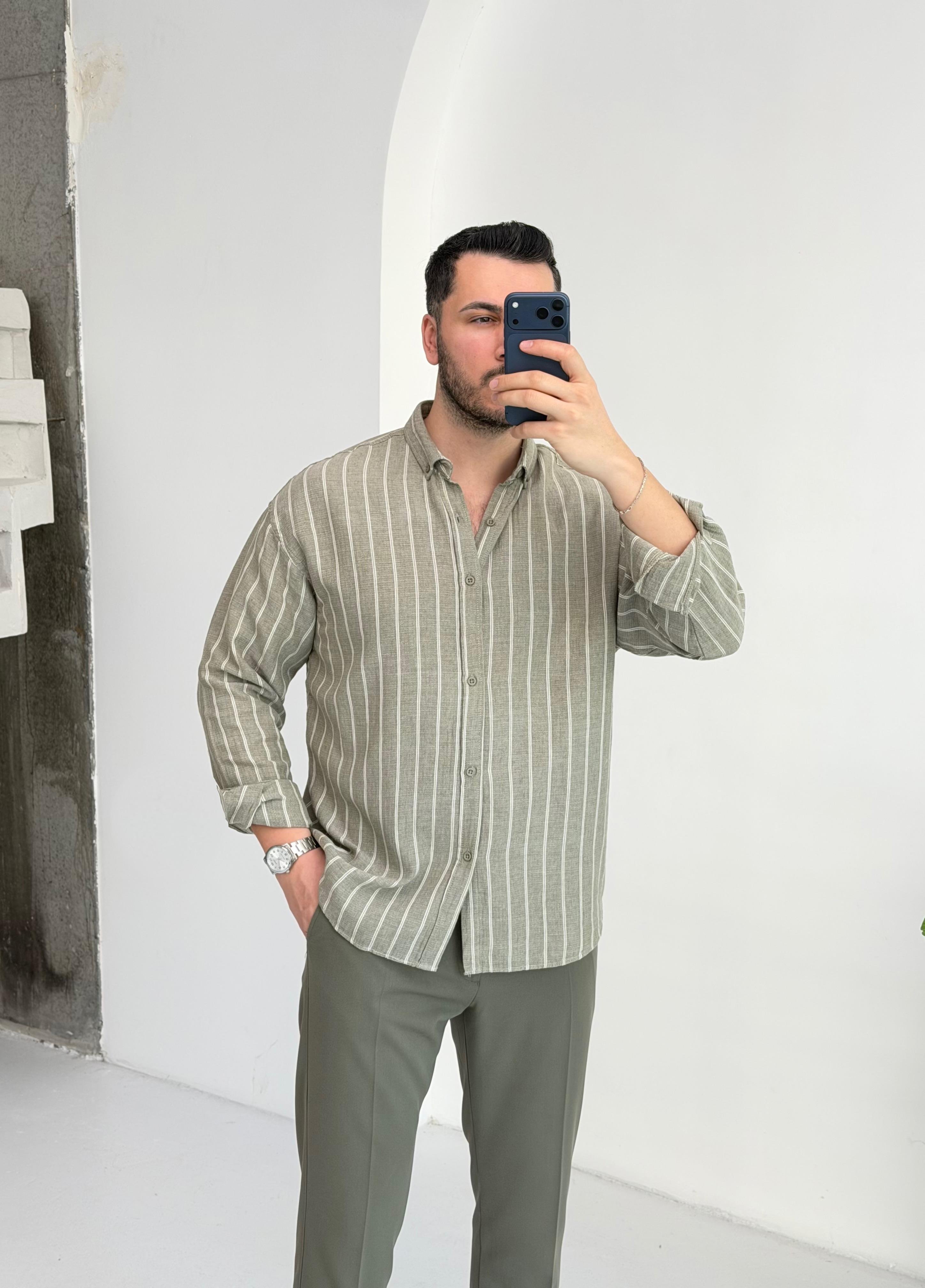 Minimal Çizgili Yeşil Oversize Müslin Gömlek