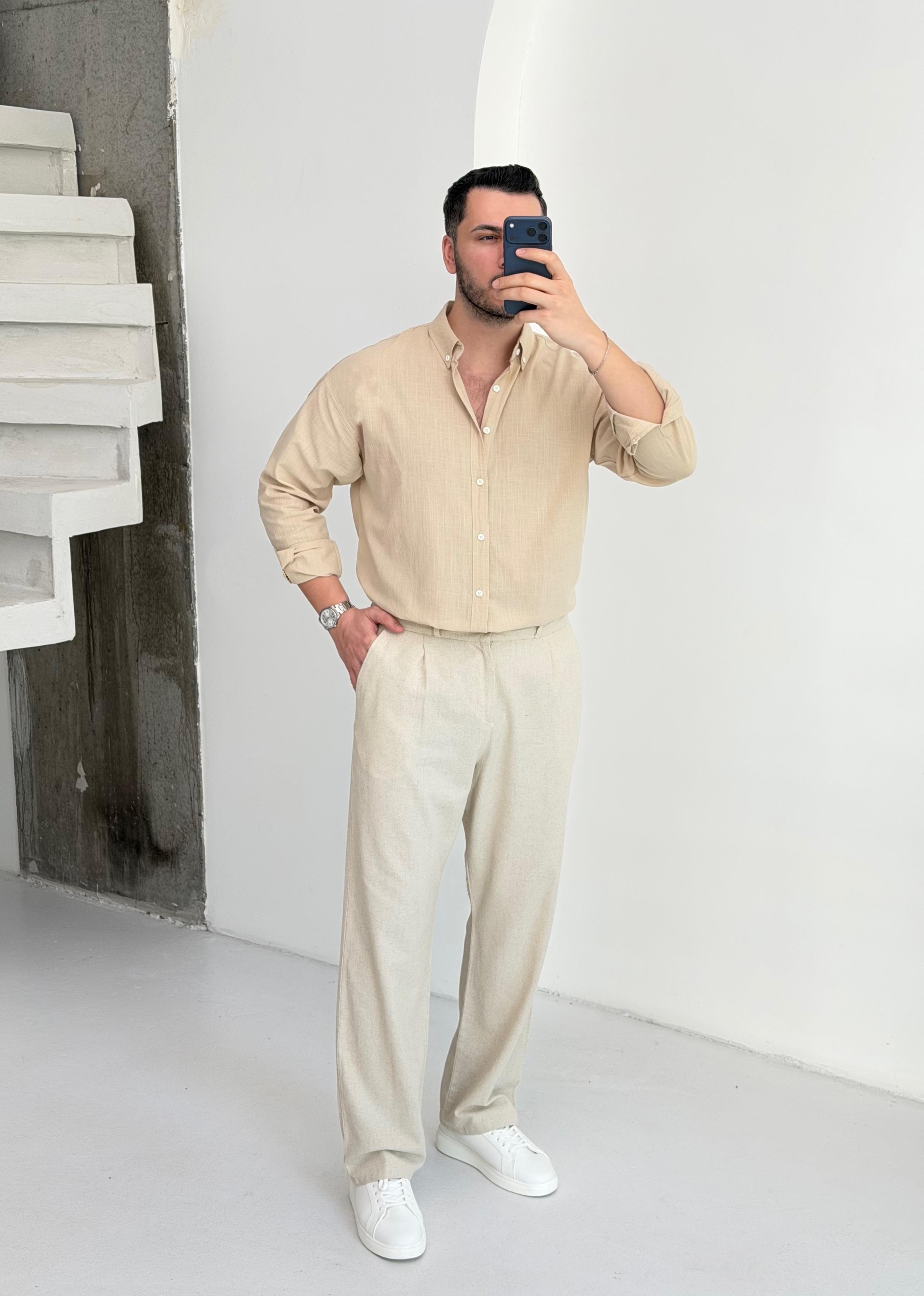 Mocha Soft Bej Oversize Keten Gömlek