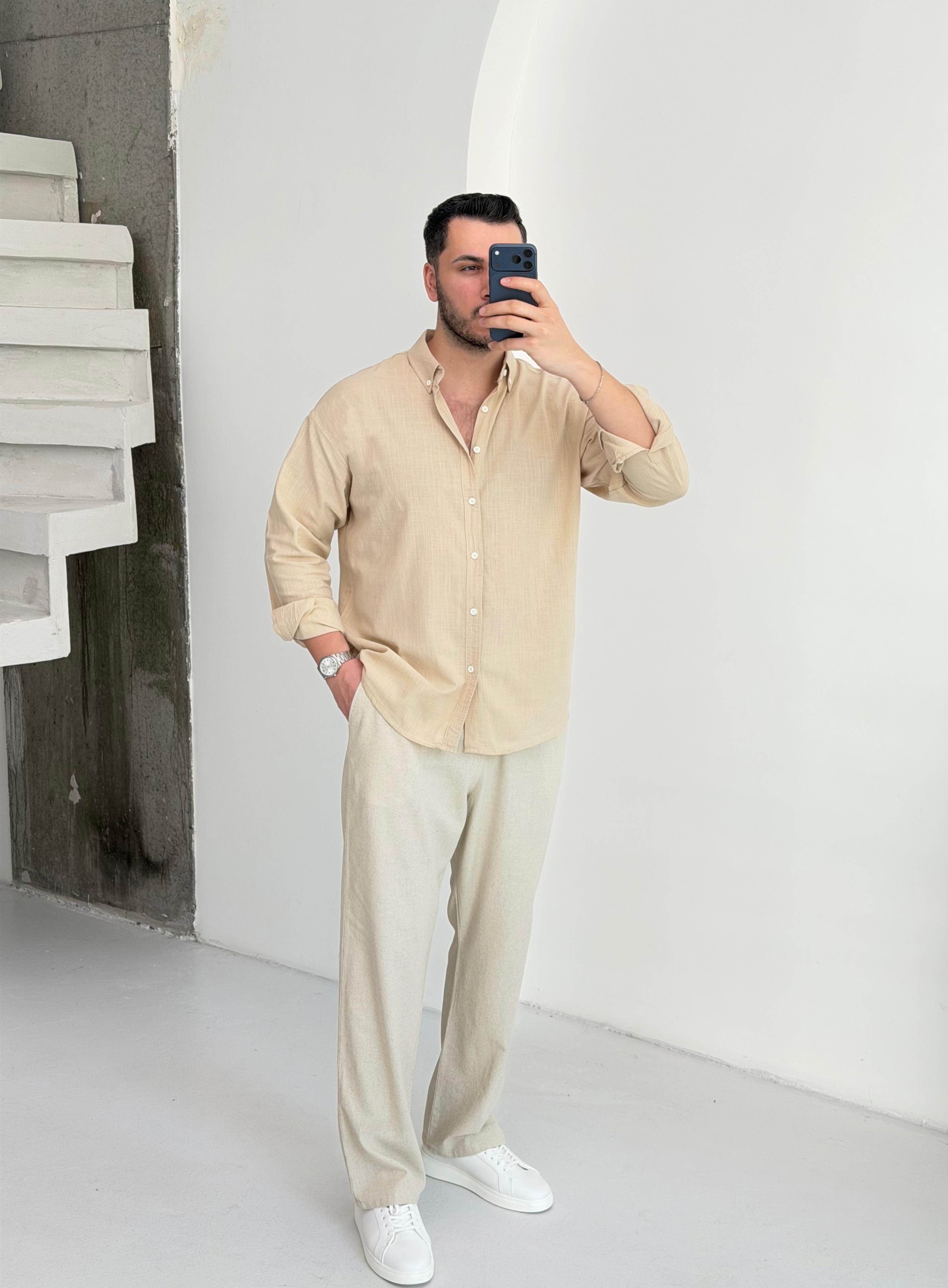 Mocha Soft Bej Oversize Keten Gömlek