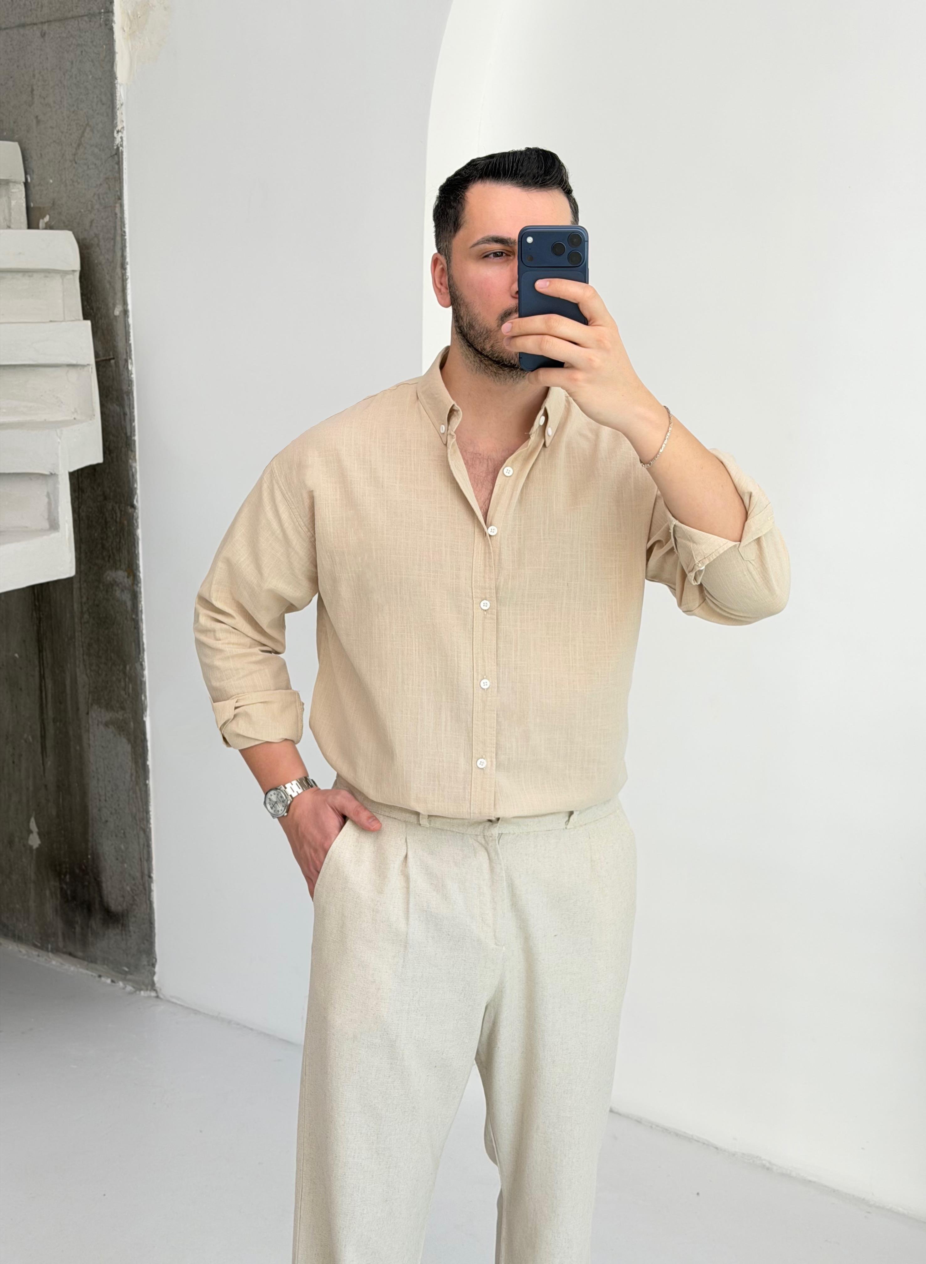 Mocha Soft Bej Oversize Keten Gömlek