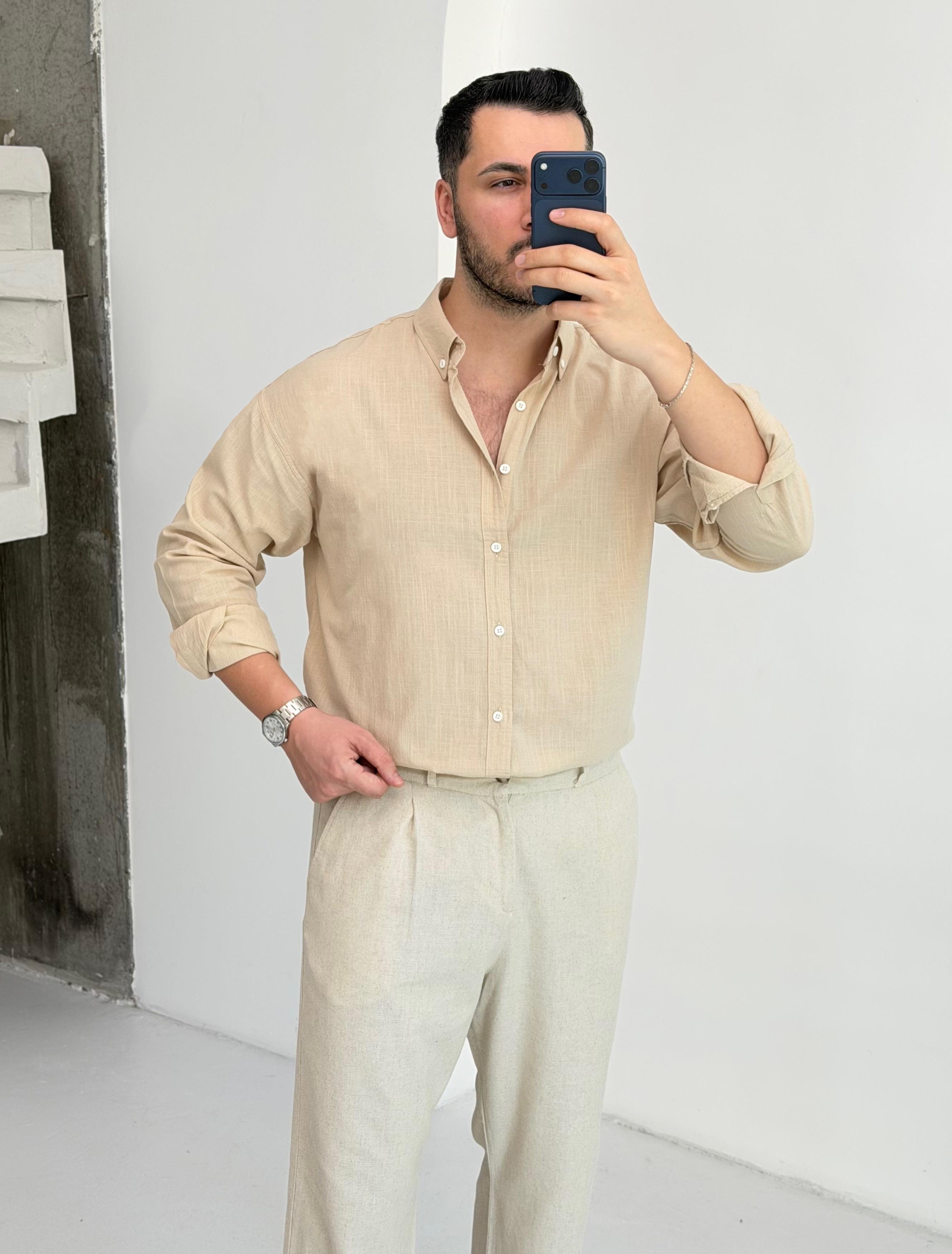 Mocha Soft Bej Oversize Keten Gömlek