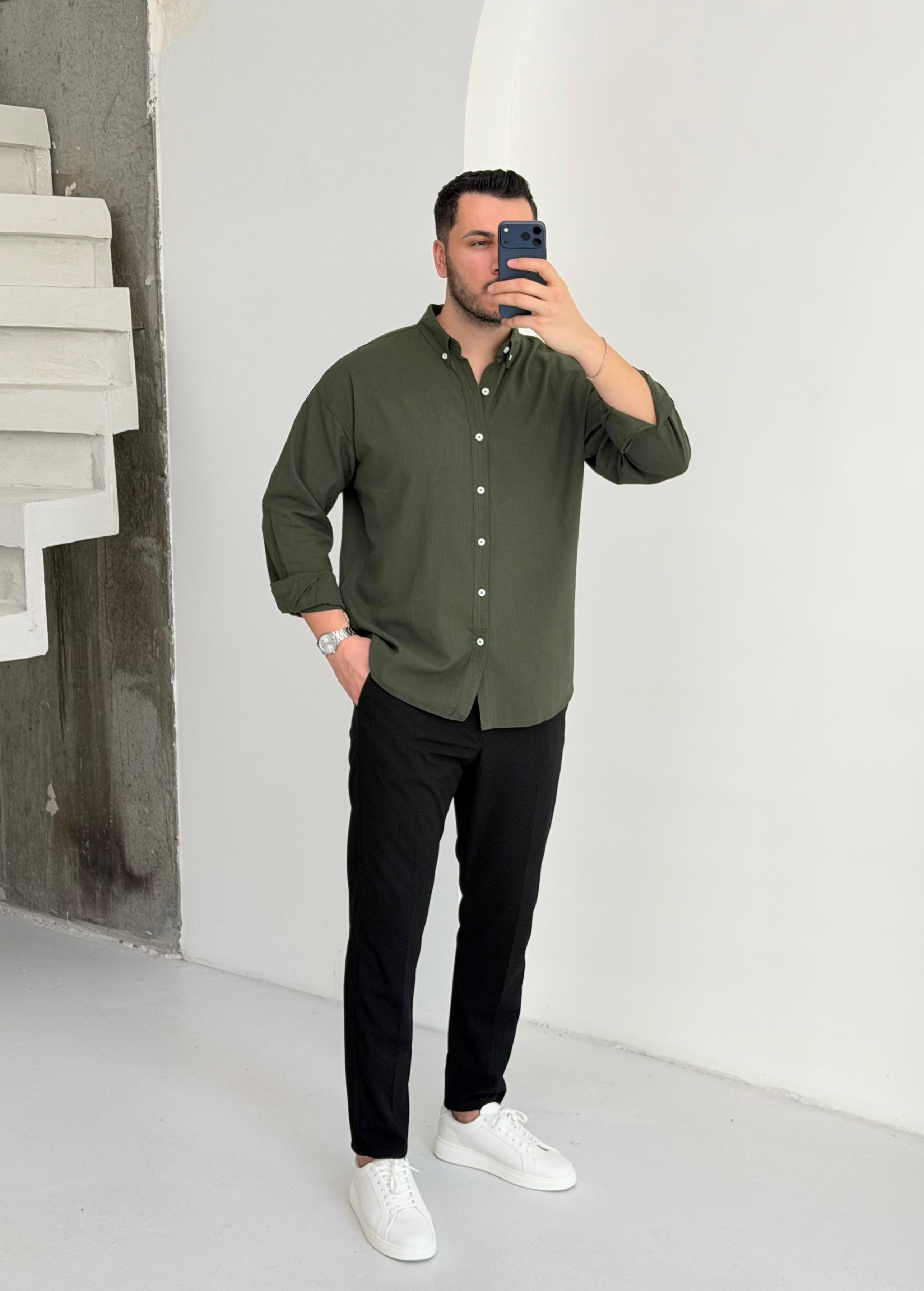 Mocha Soft Haki Oversize Keten Gömlek