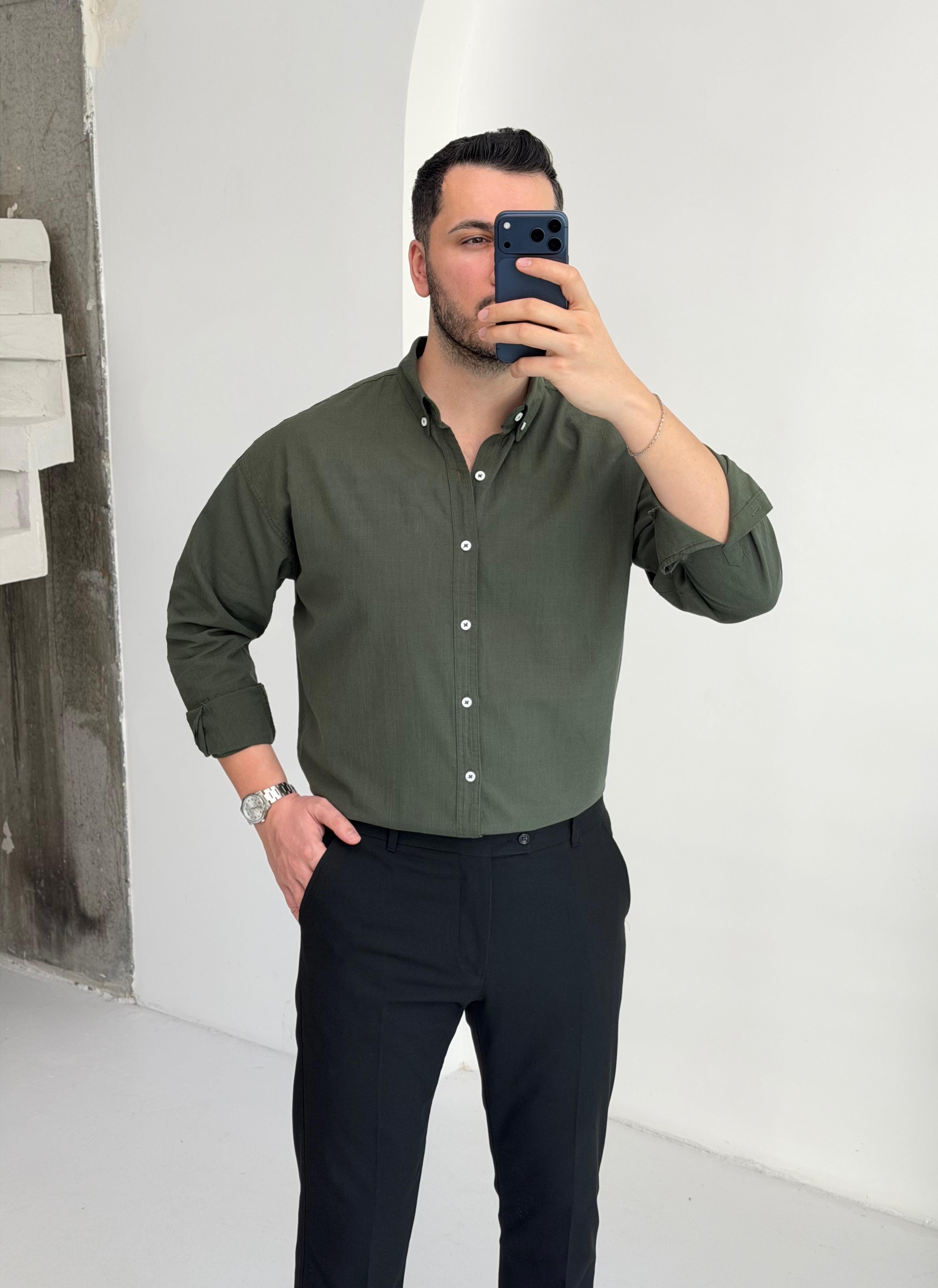 Mocha Soft Haki Oversize Keten Gömlek