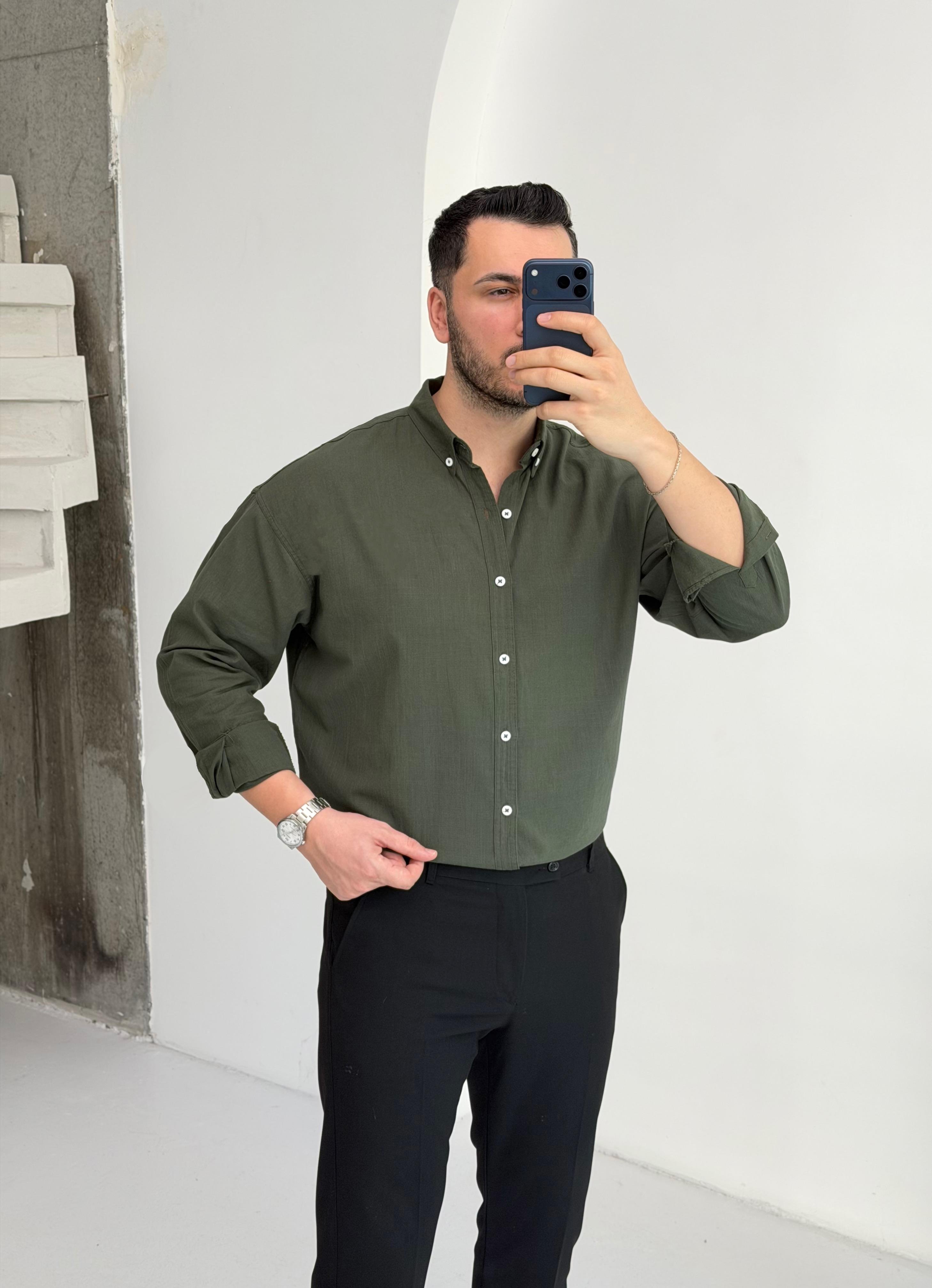 Mocha Soft Haki Oversize Keten Gömlek