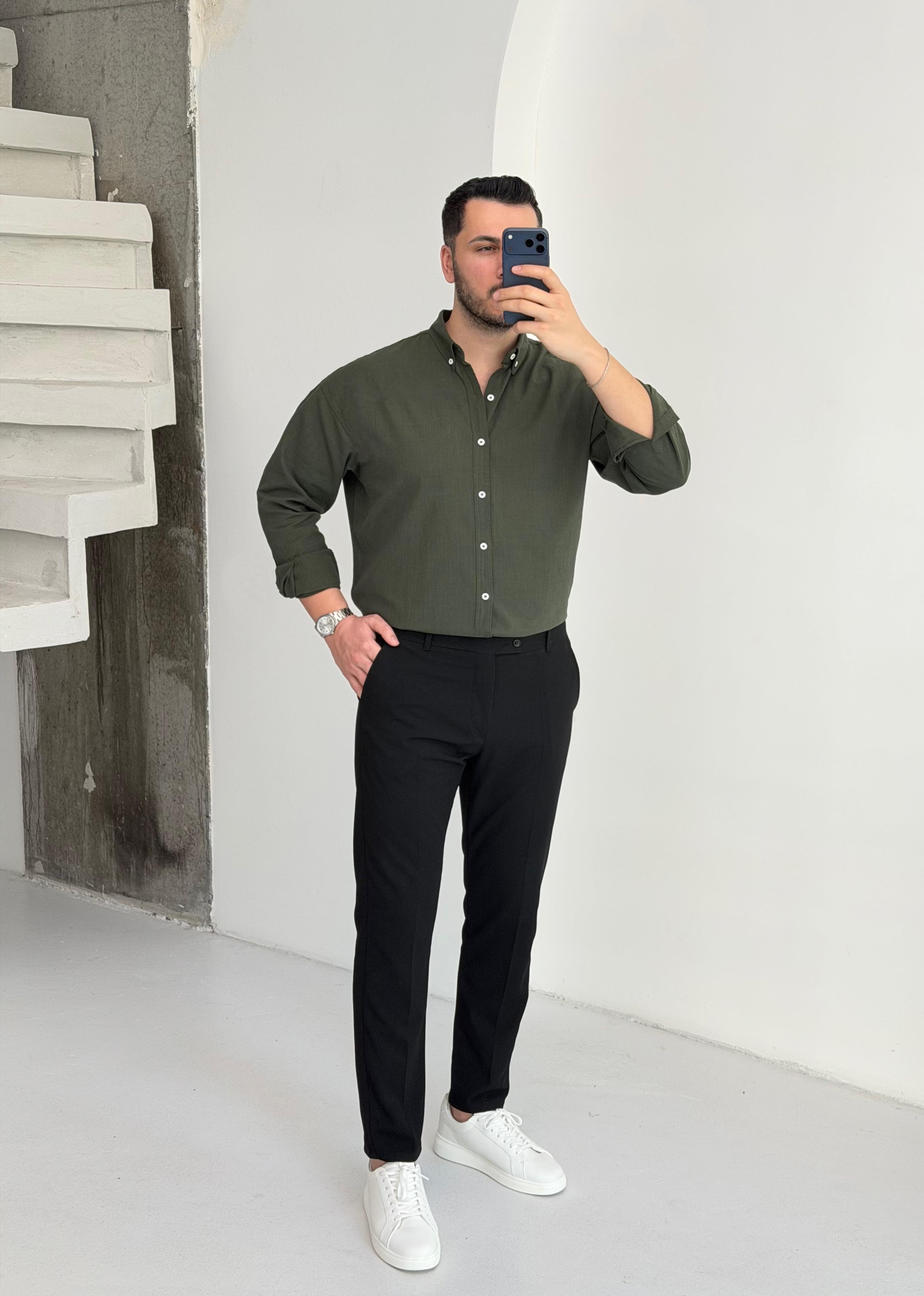 Mocha Soft Haki Oversize Keten Gömlek
