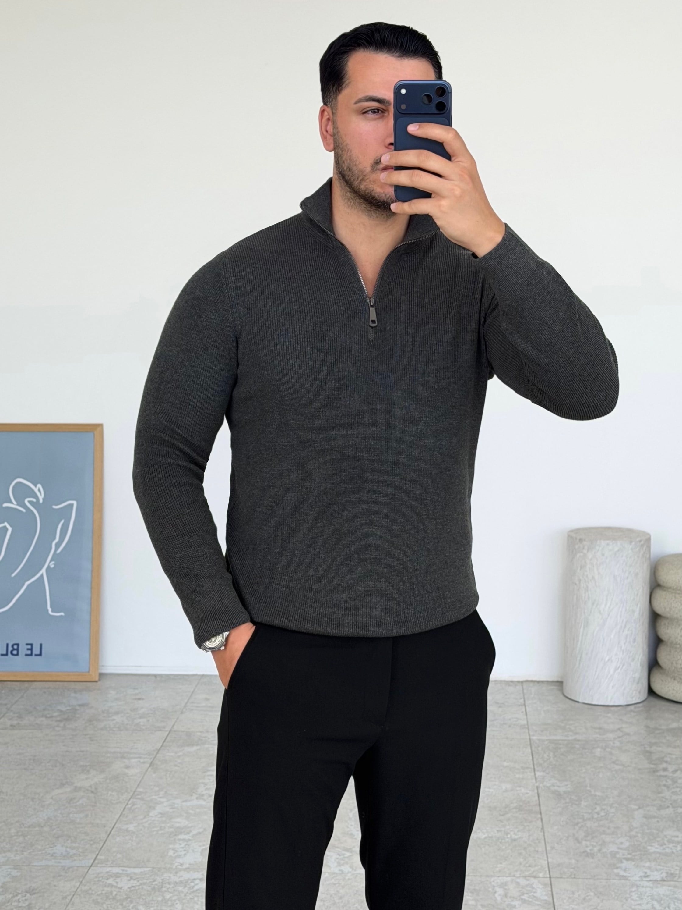 Modern Fit Dik Yaka Antrasit Kazak