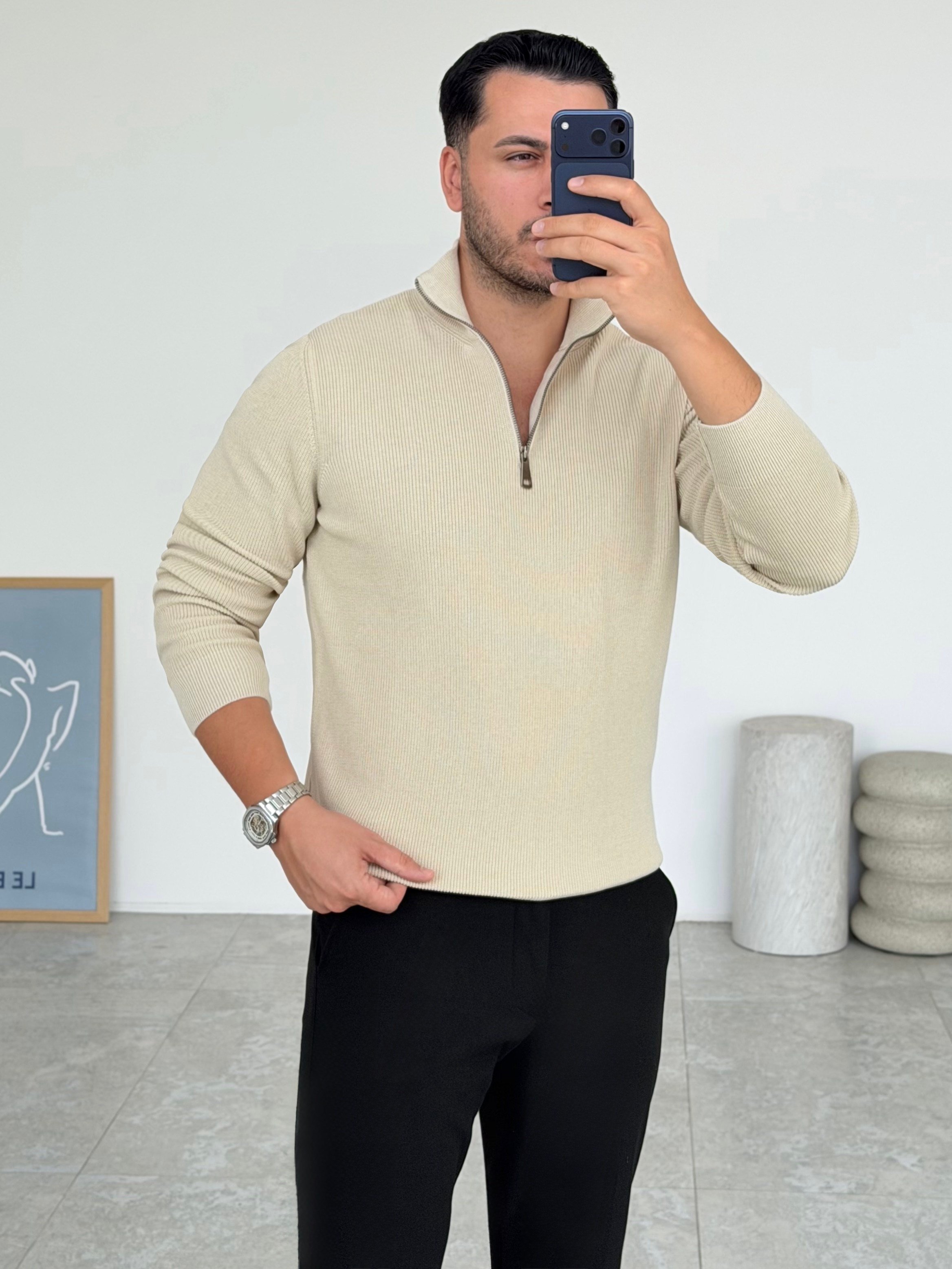 Modern Fit Dik Yaka Bej Kazak