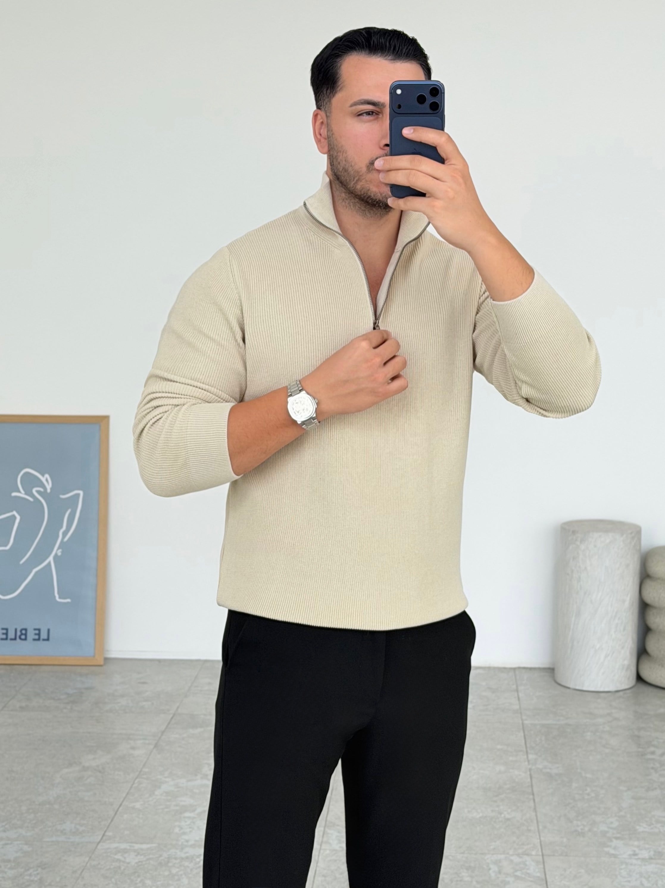 Modern Fit Dik Yaka Bej Kazak