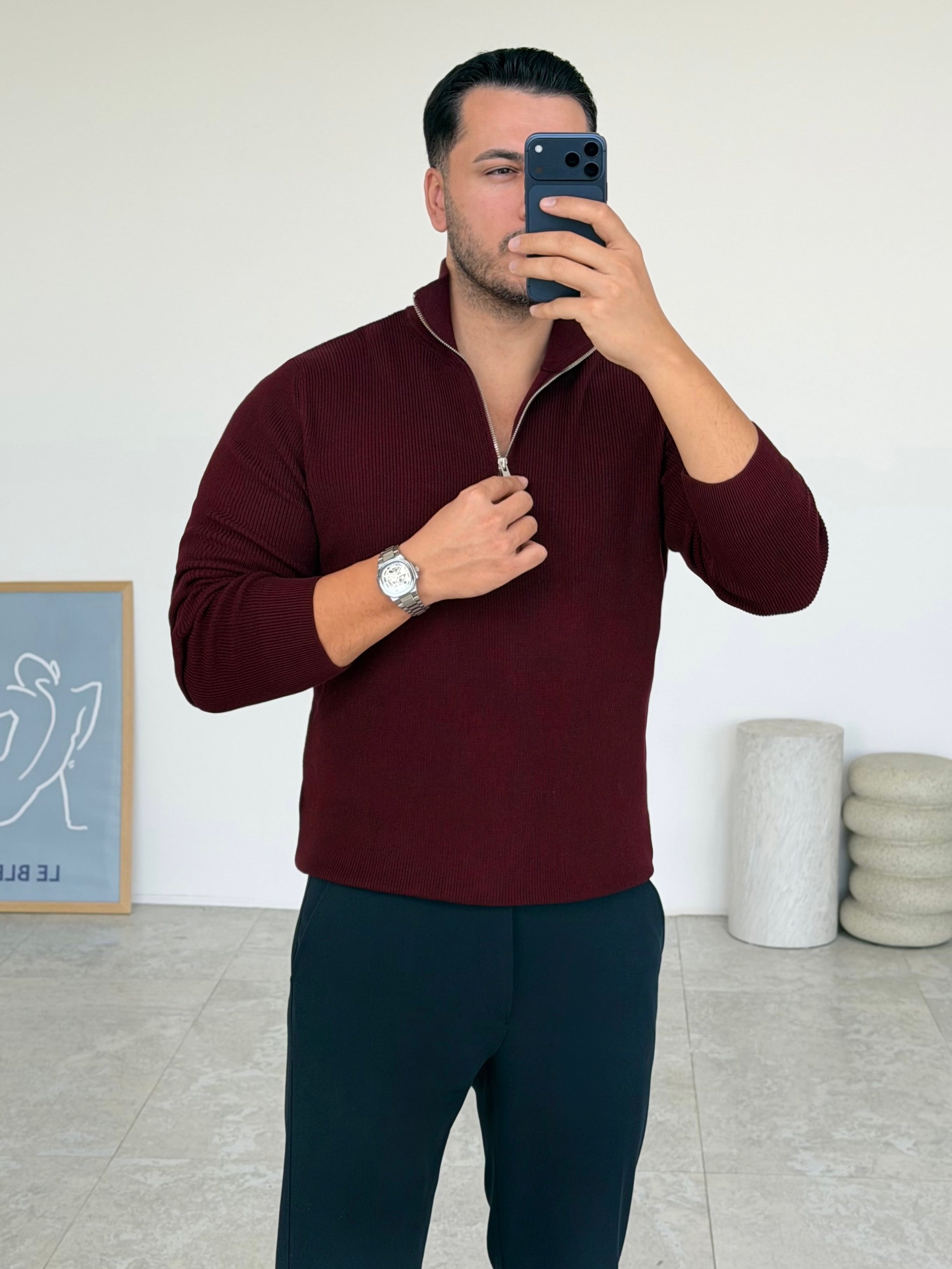 Modern Fit Dik Yaka Bordo Kazak