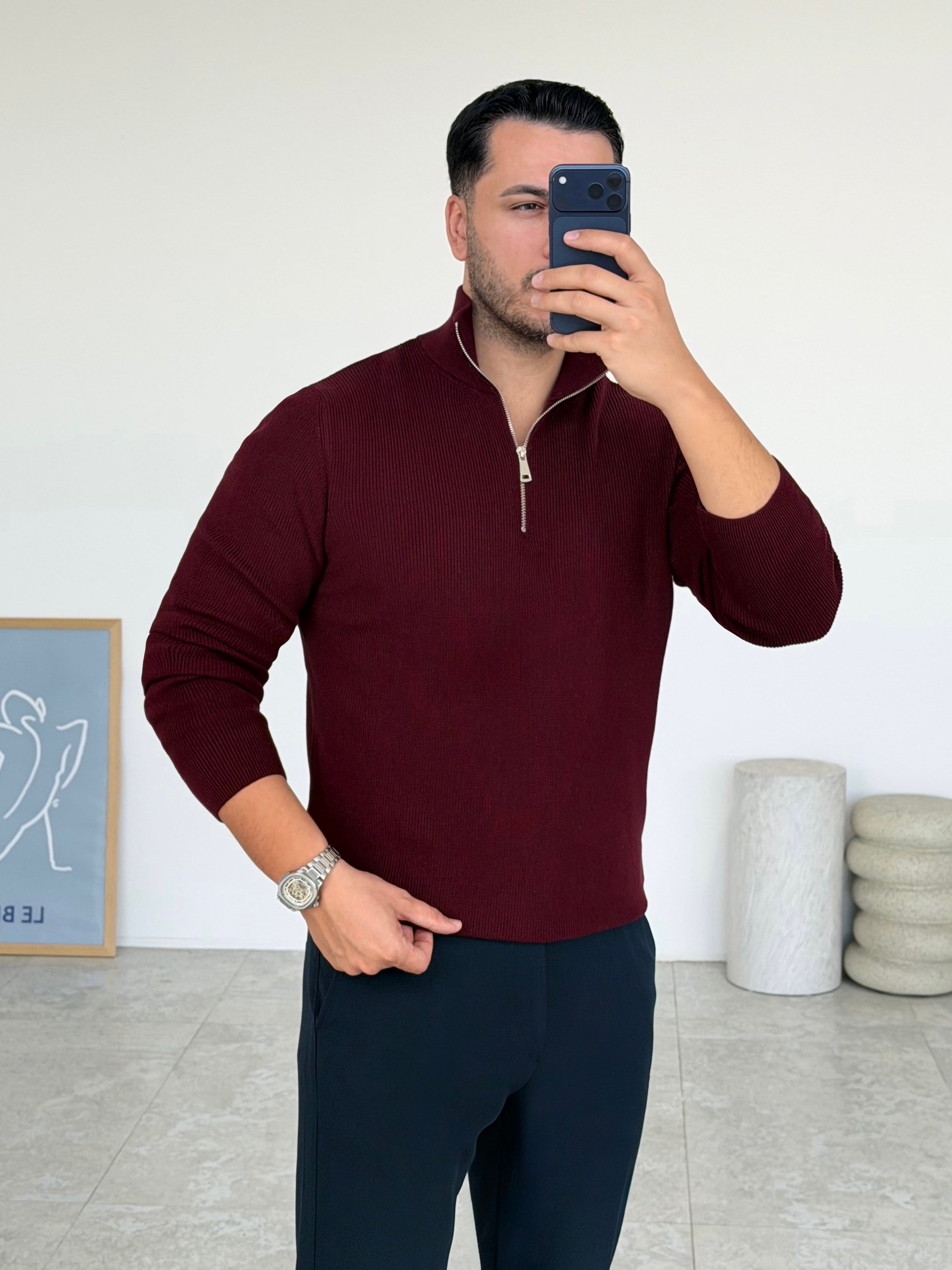 Modern Fit Dik Yaka Bordo Kazak