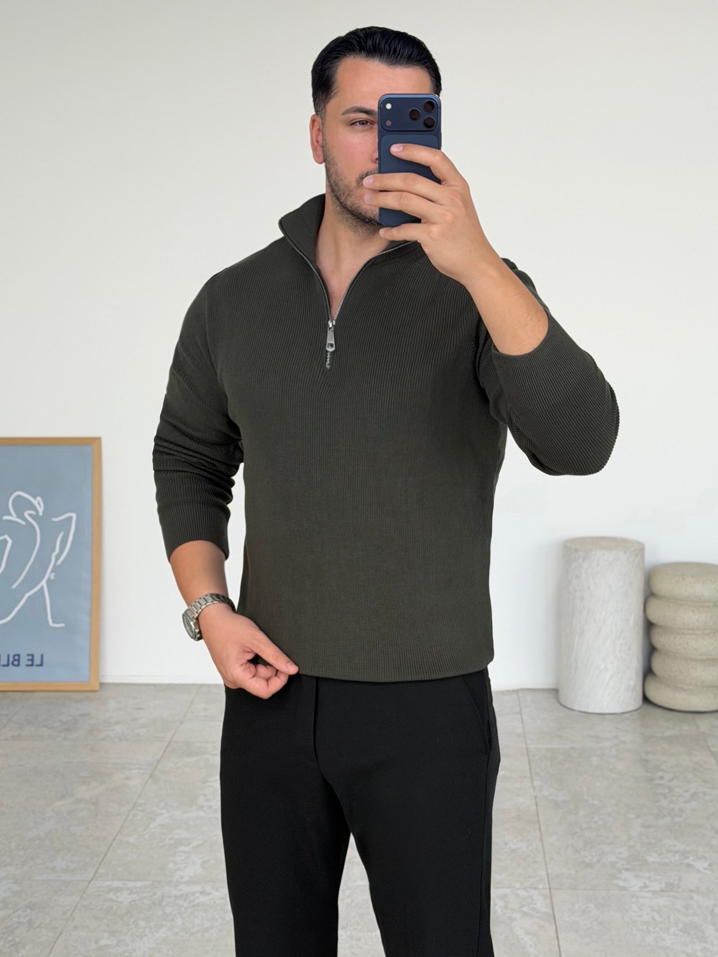 Modern Fit Dik Yaka Haki Kazak