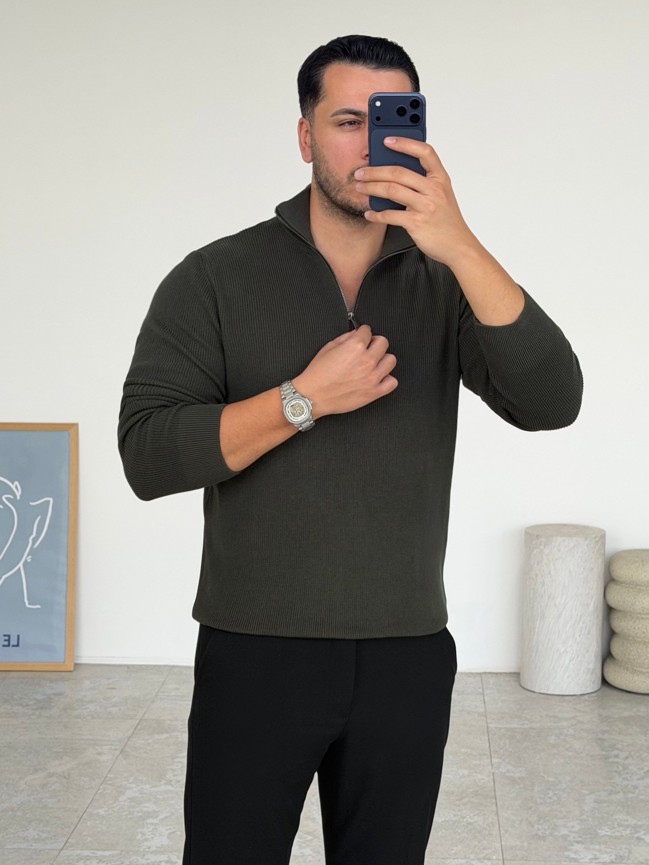 Modern Fit Dik Yaka Haki Kazak