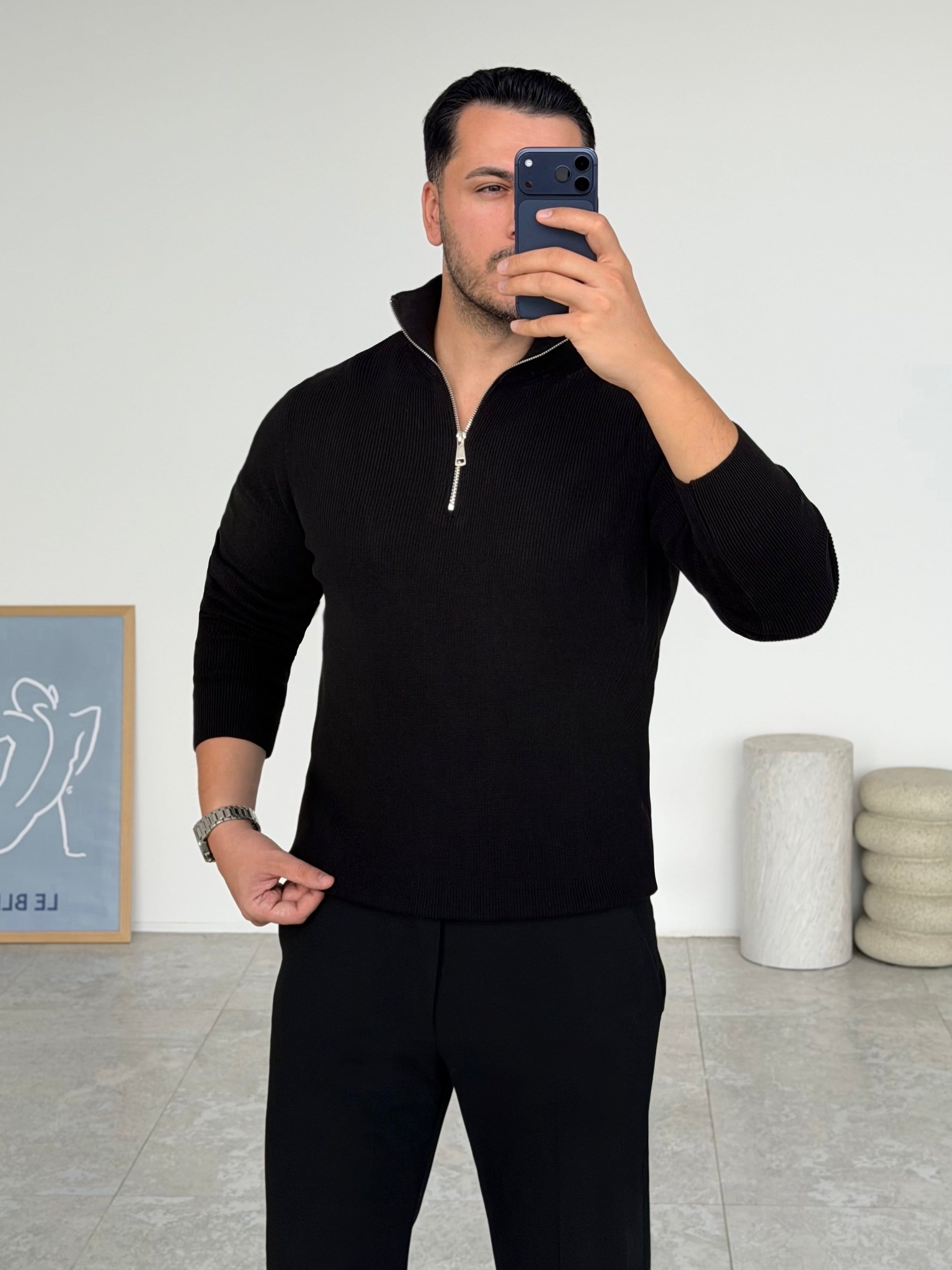 Modern Fit Dik Yaka Siyah Kazak