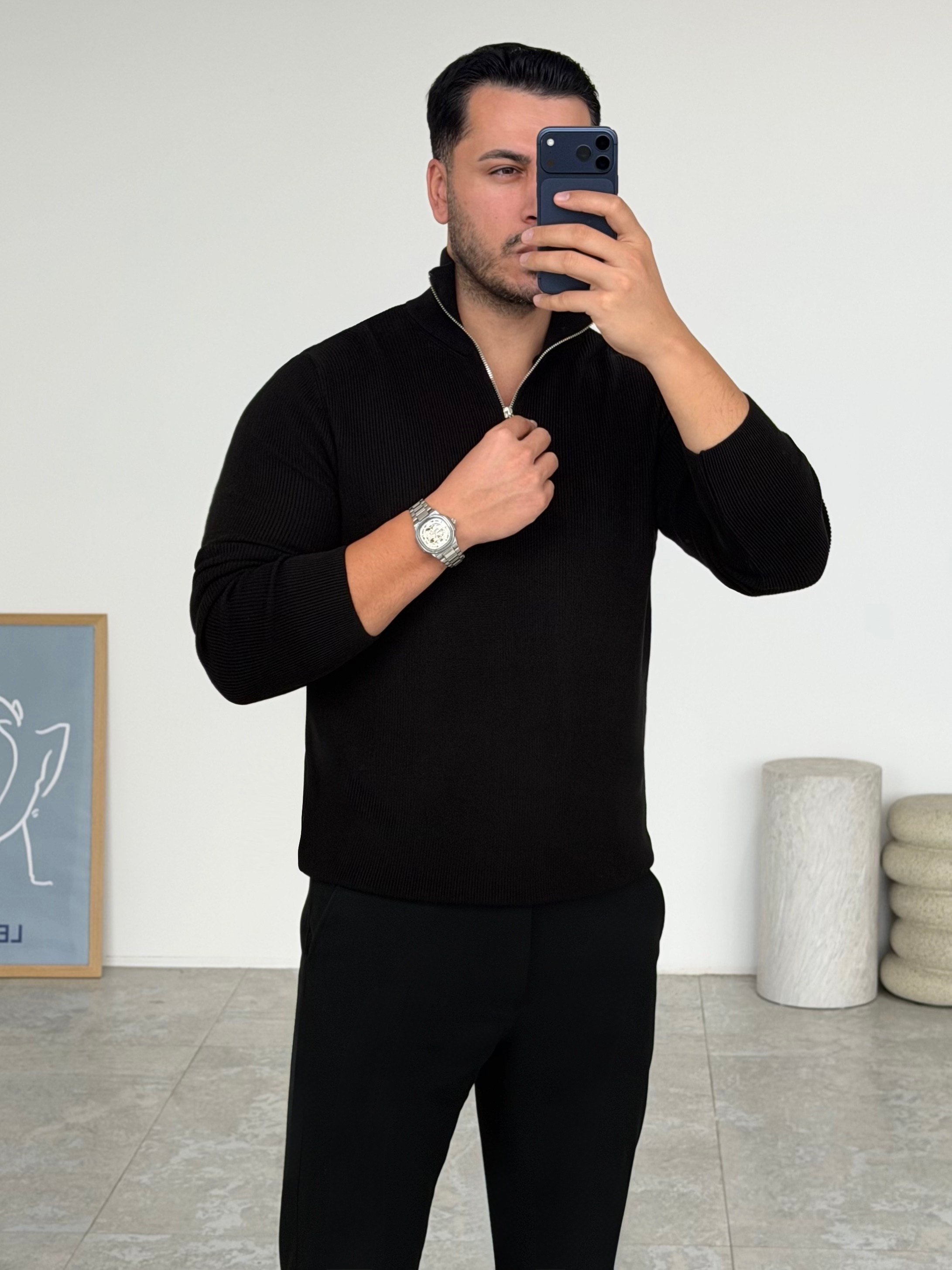 Modern Fit Dik Yaka Siyah Kazak