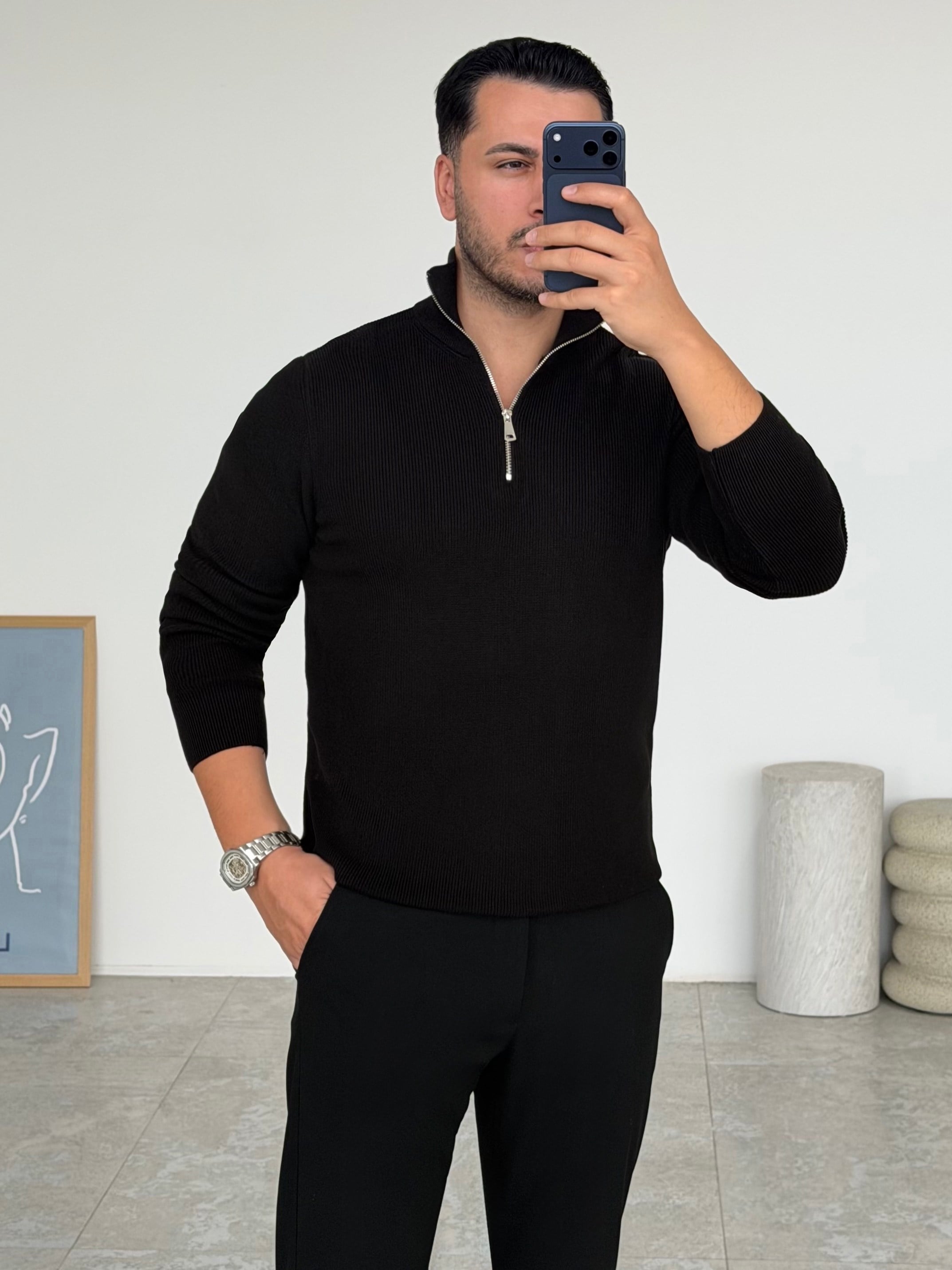 Modern Fit Dik Yaka Siyah Kazak