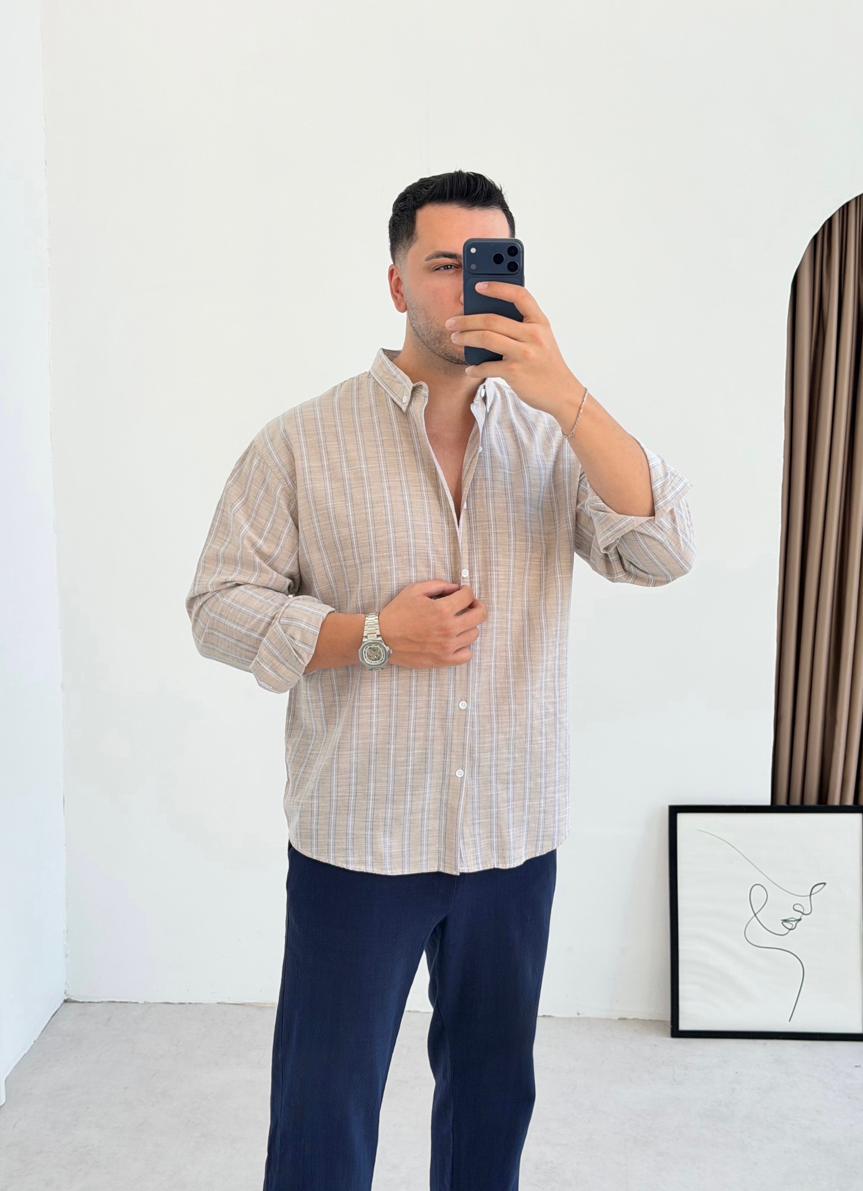 Monaco Özel Tasarım Bej Oversize Keten Gömlek