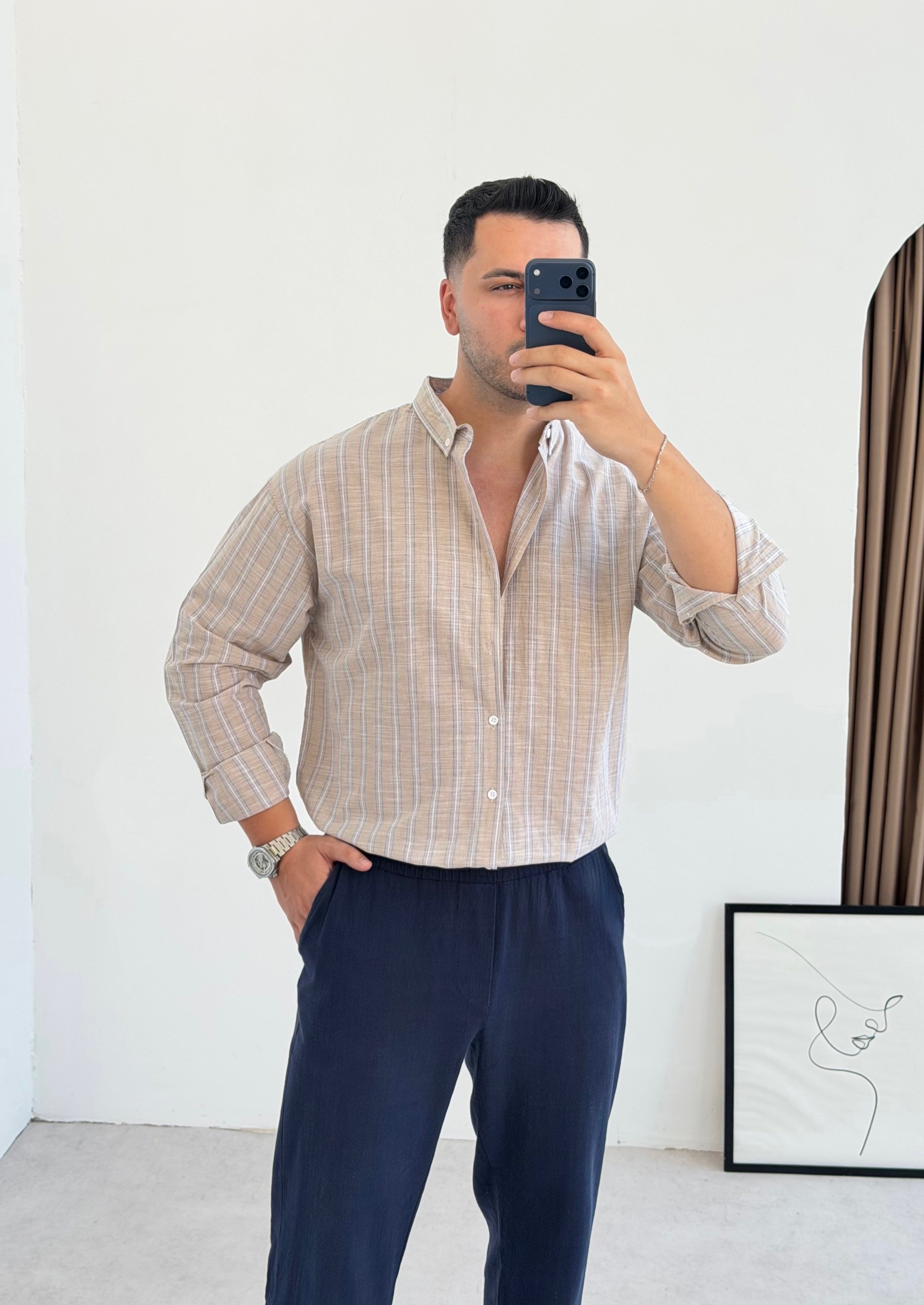 Monaco Özel Tasarım Bej Oversize Keten Gömlek