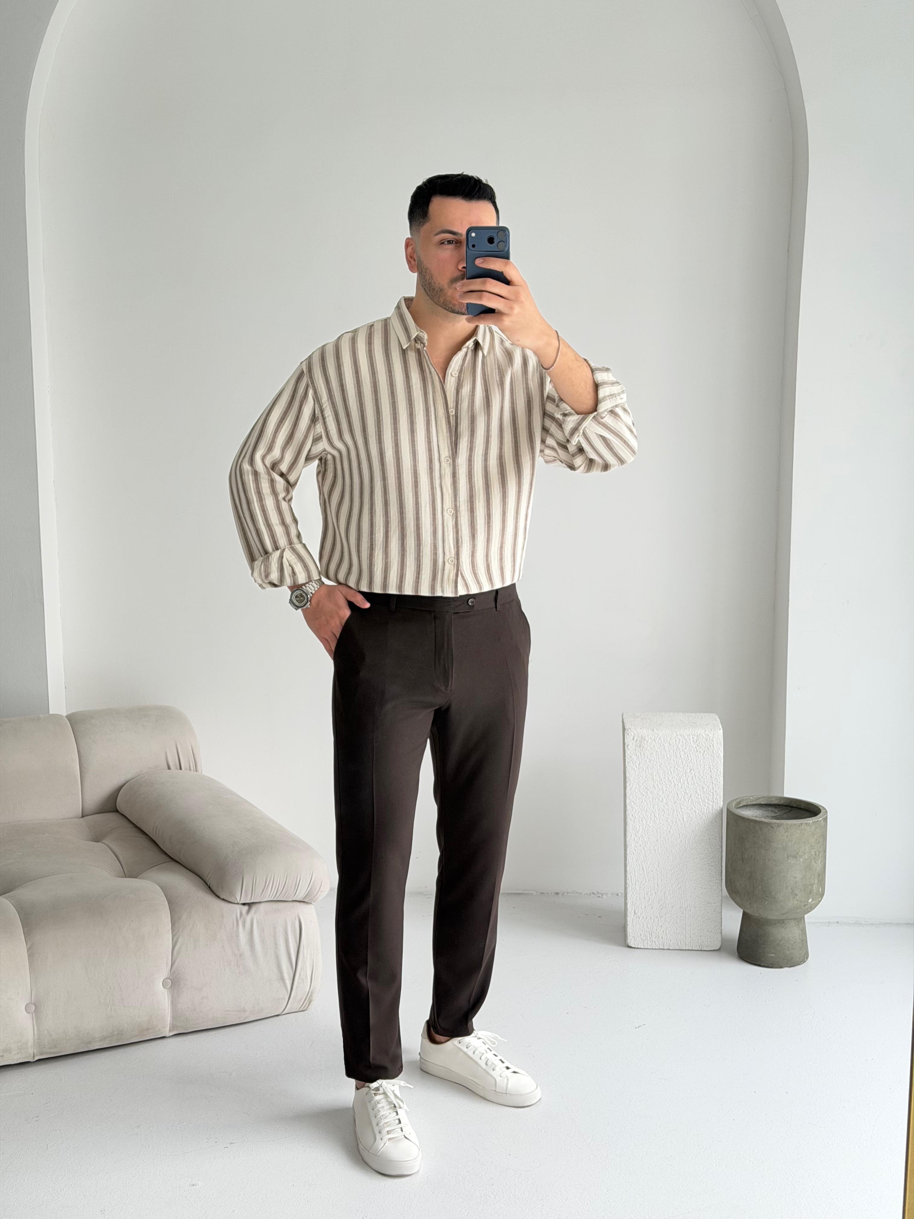 Müslin Kahve Çizgili Oversize Keten Gömlek
