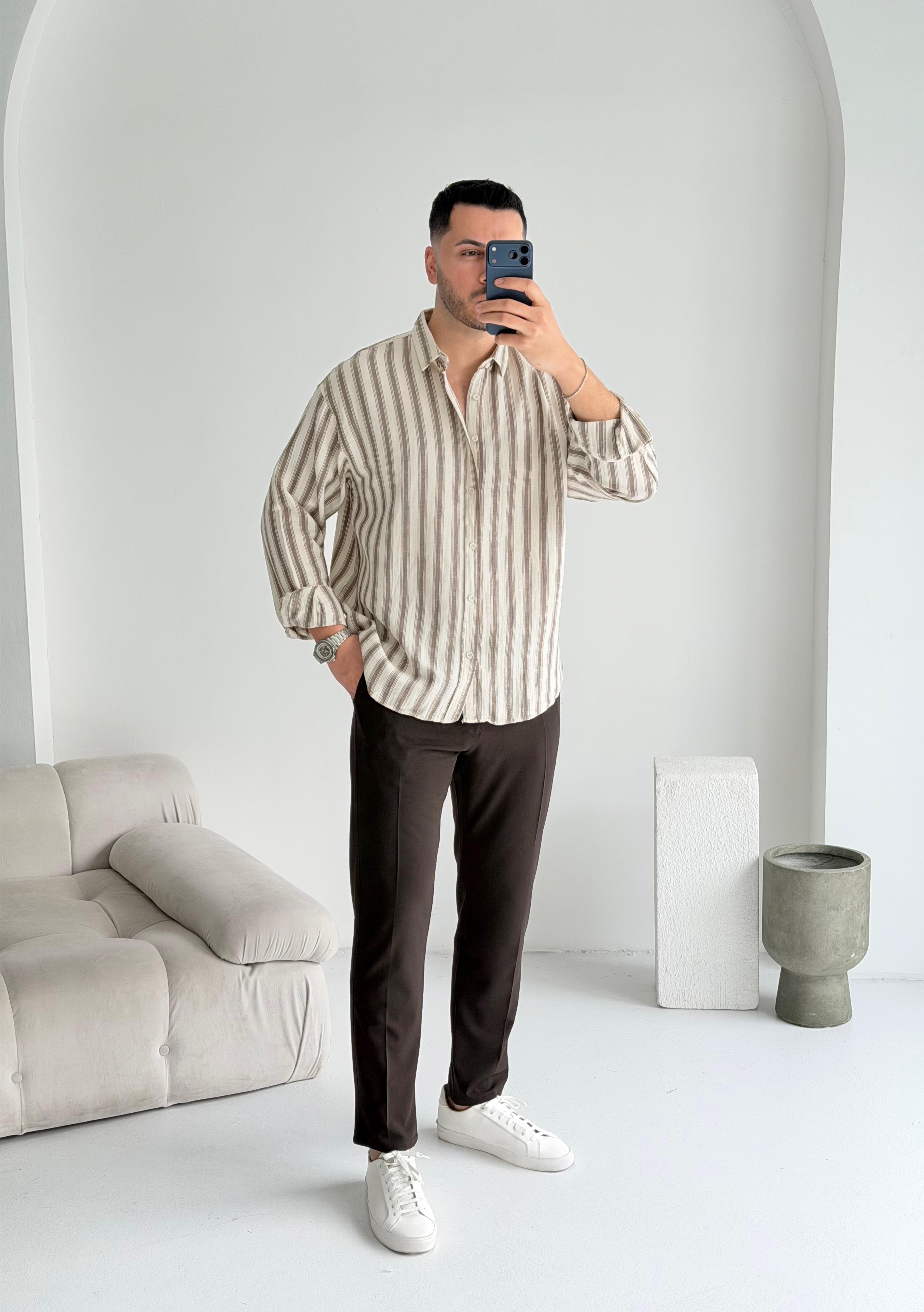 Müslin Kahve Çizgili Oversize Keten Gömlek