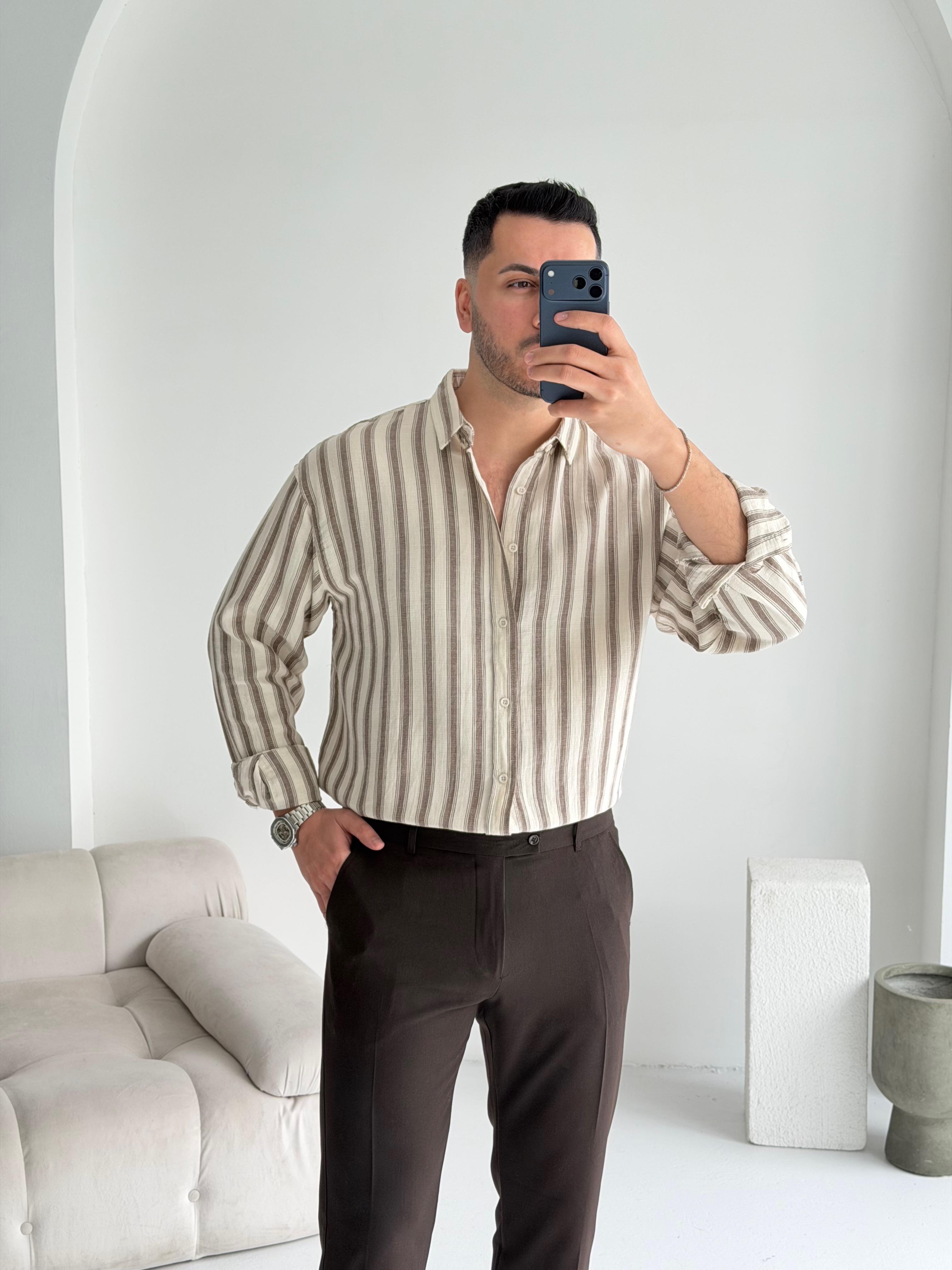 Müslin Kahve Çizgili Oversize Keten Gömlek