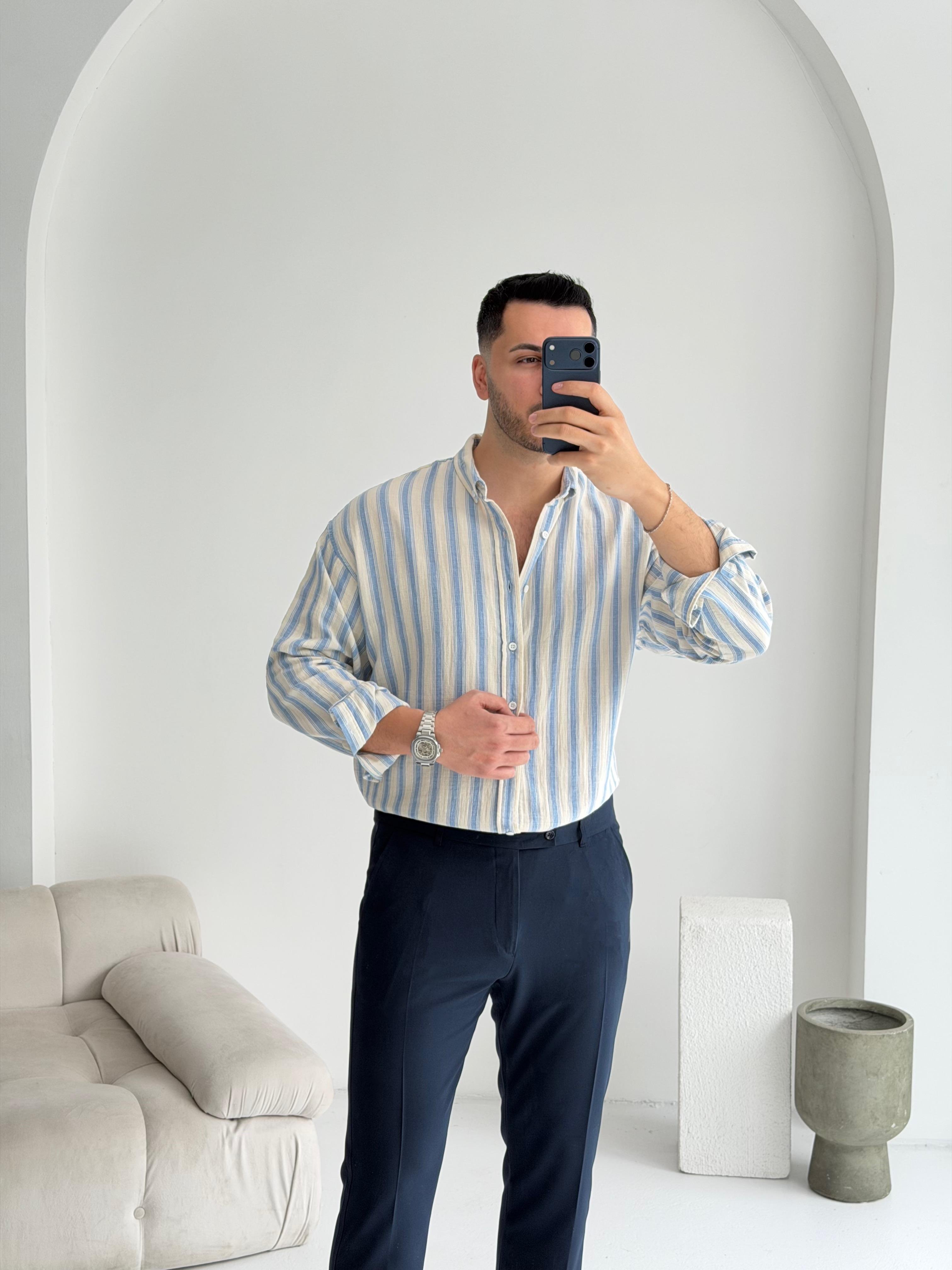 Müslin Mavi Çizgili Oversize Keten Gömlek