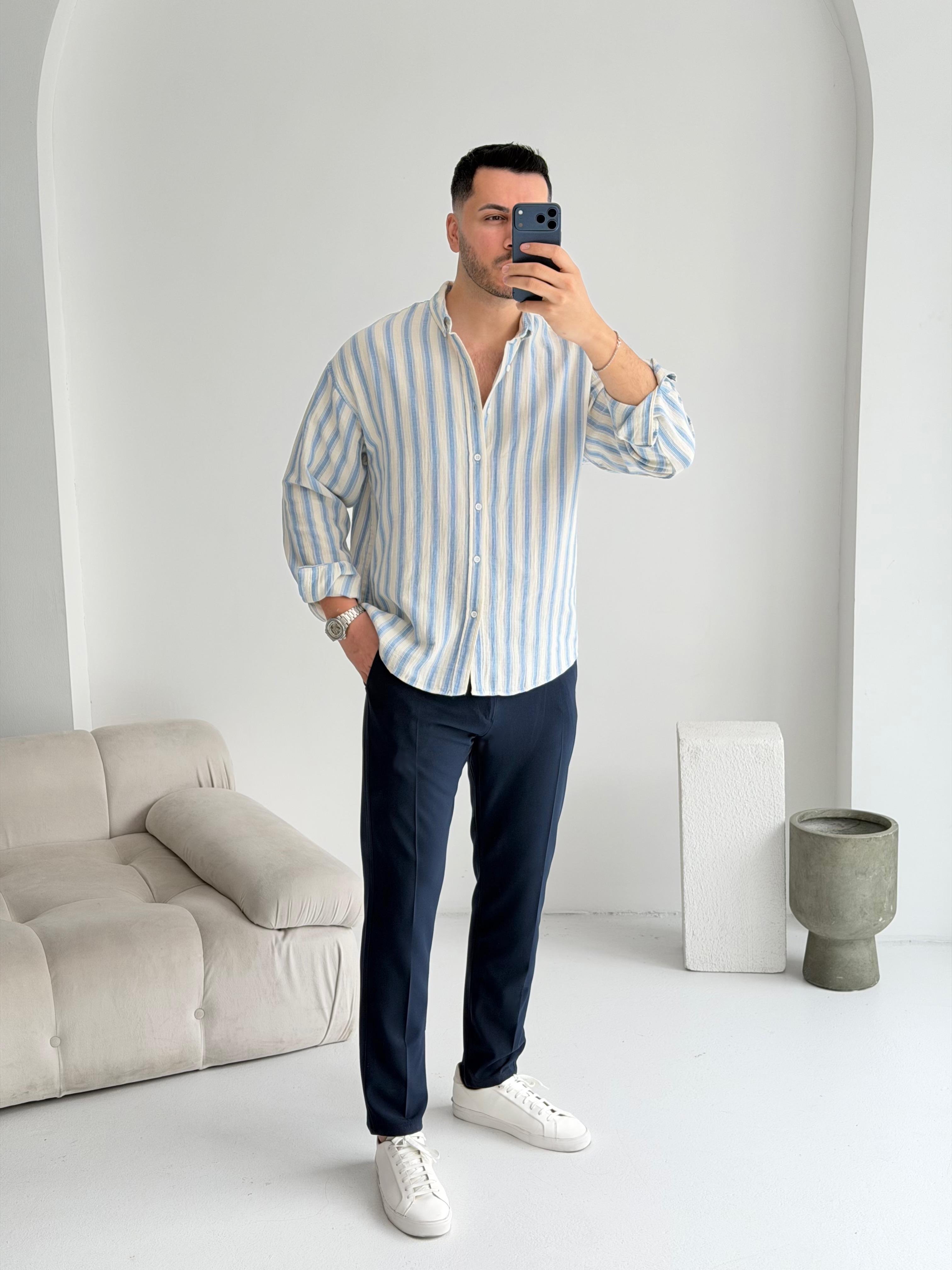 Müslin Mavi Çizgili Oversize Keten Gömlek