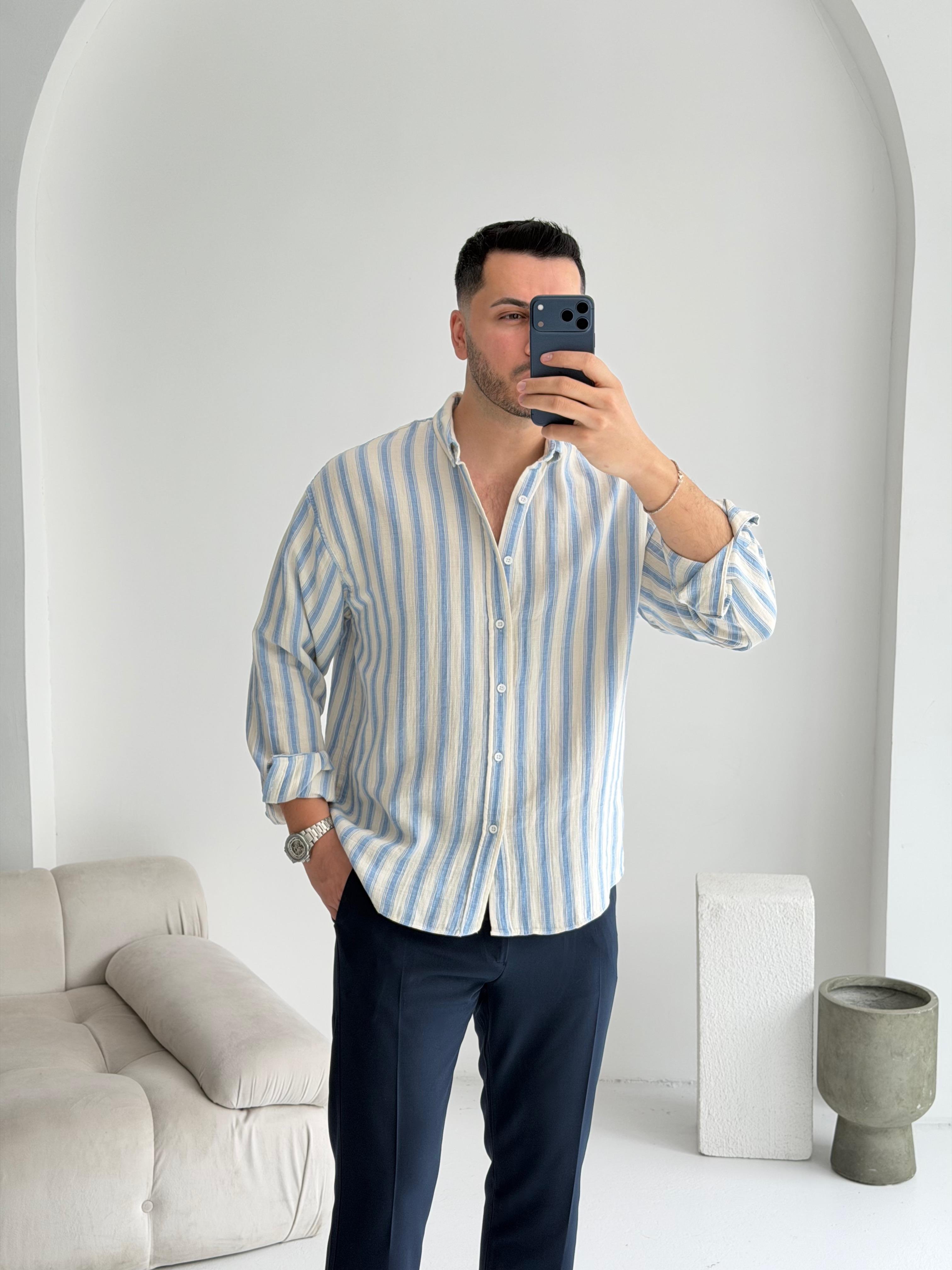Müslin Mavi Çizgili Oversize Keten Gömlek