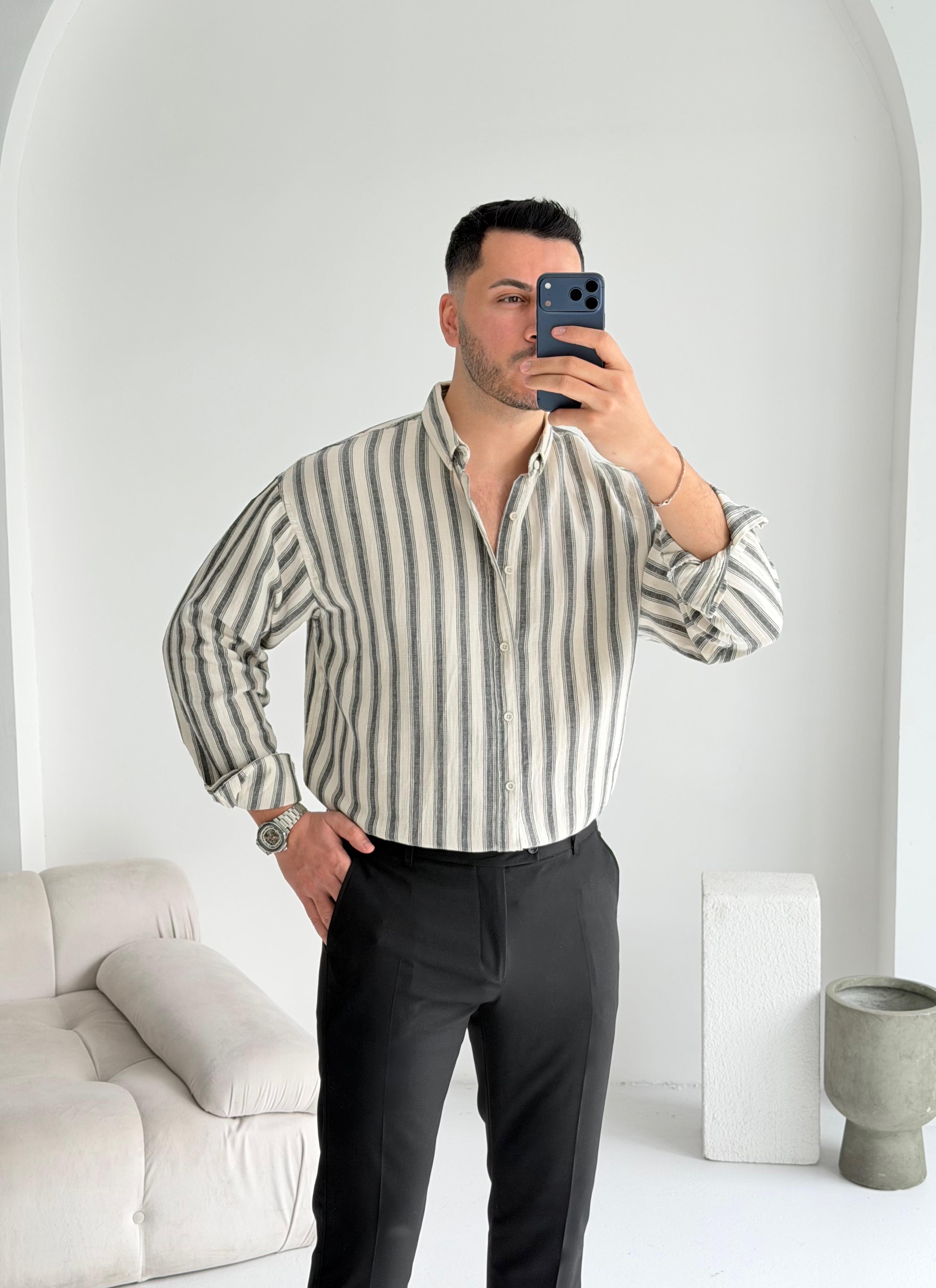 Müslin Siyah Çizgili Oversize Keten Gömlek