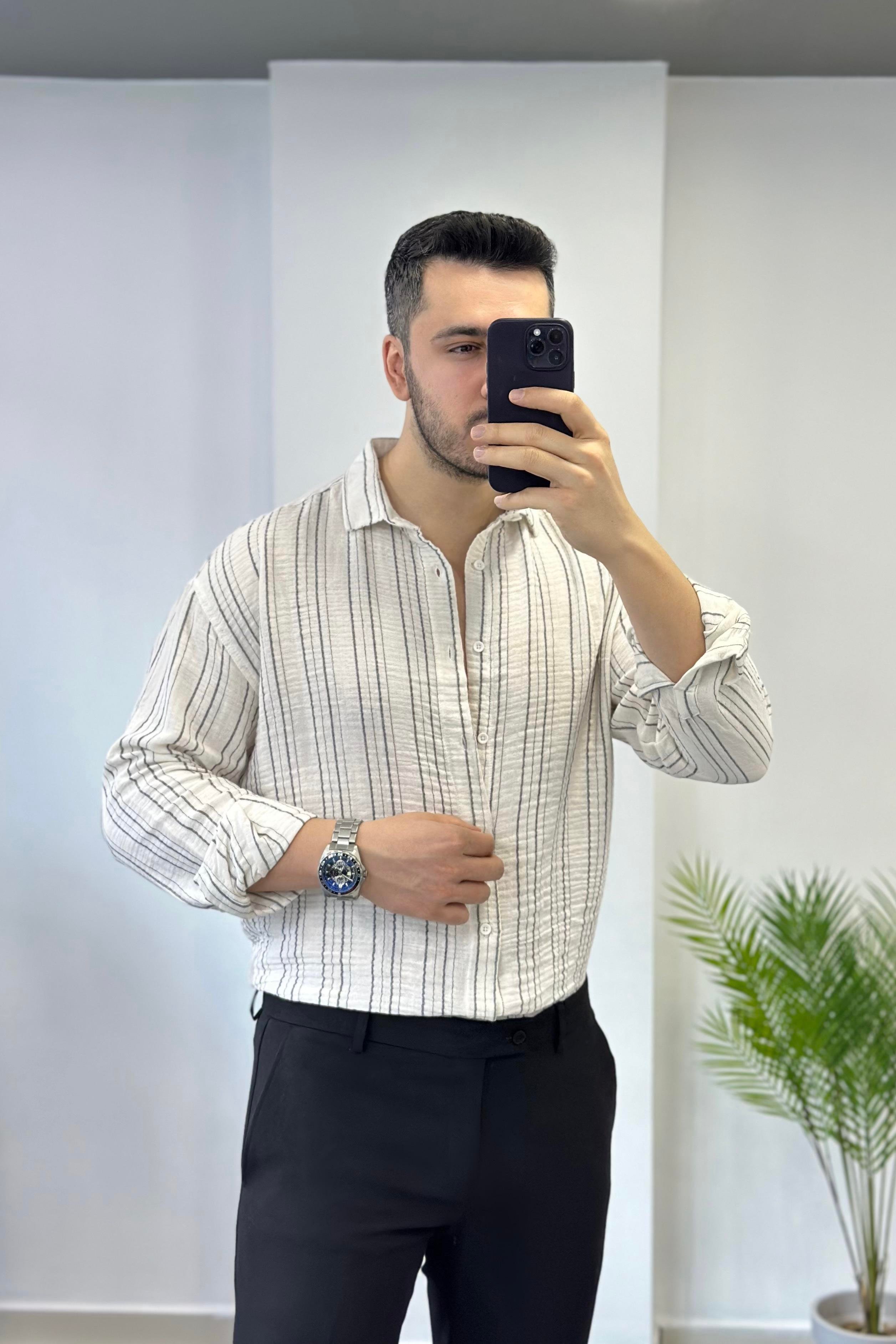Müslin Siyah Çizgili Oversize Keten Gömlek 