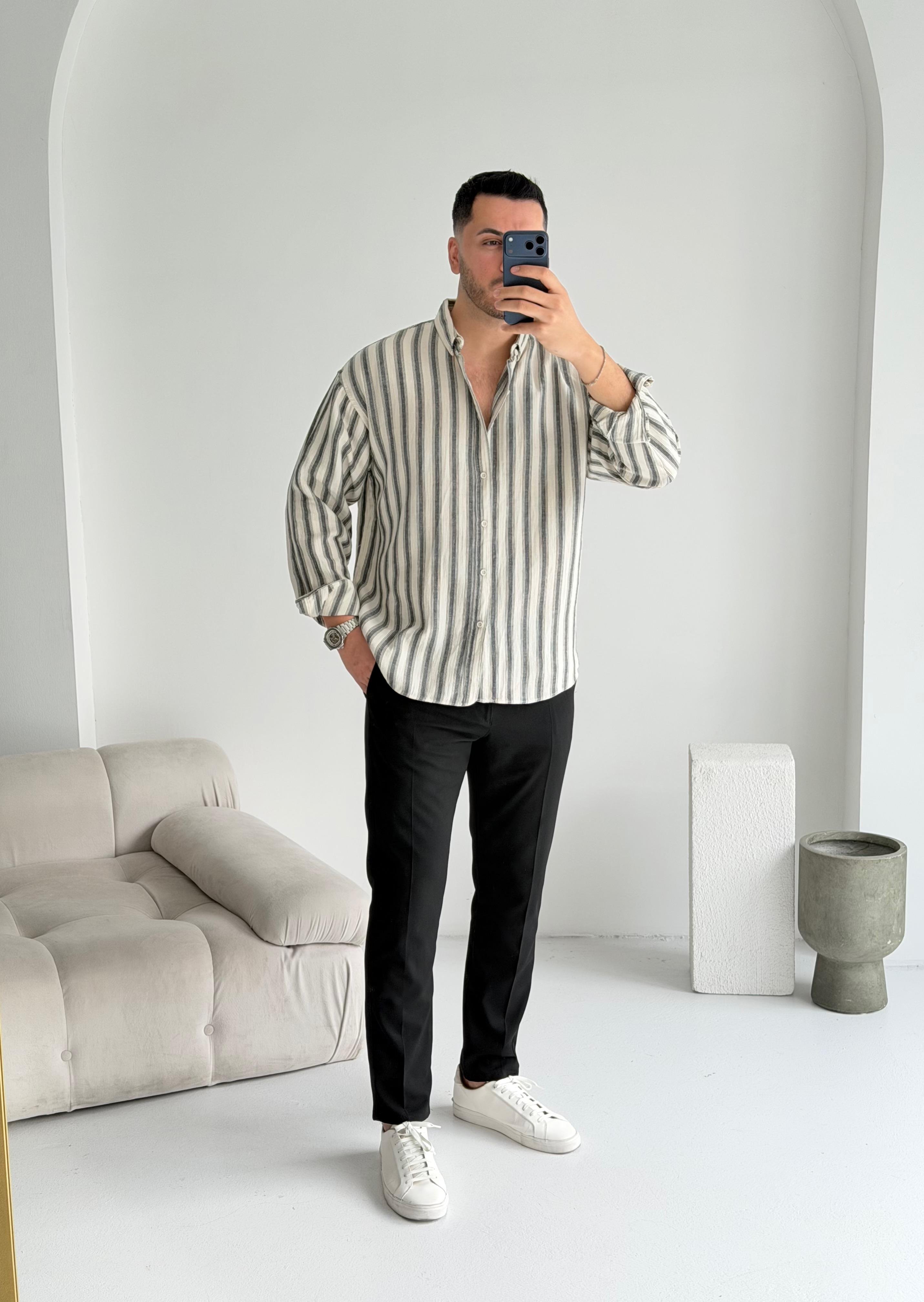 Müslin Siyah Çizgili Oversize Keten Gömlek