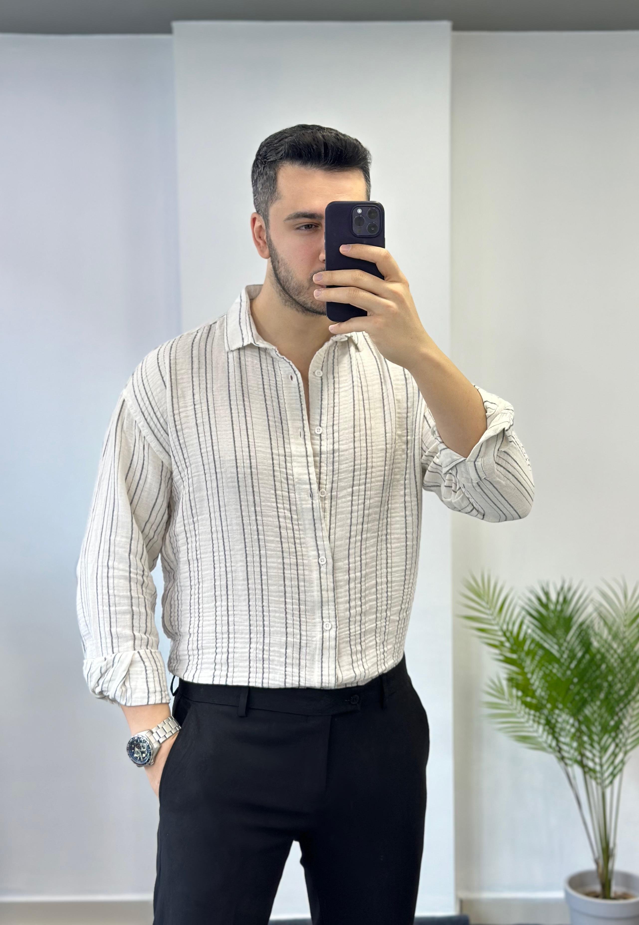 Müslin Siyah Çizgili Oversize Keten Gömlek 