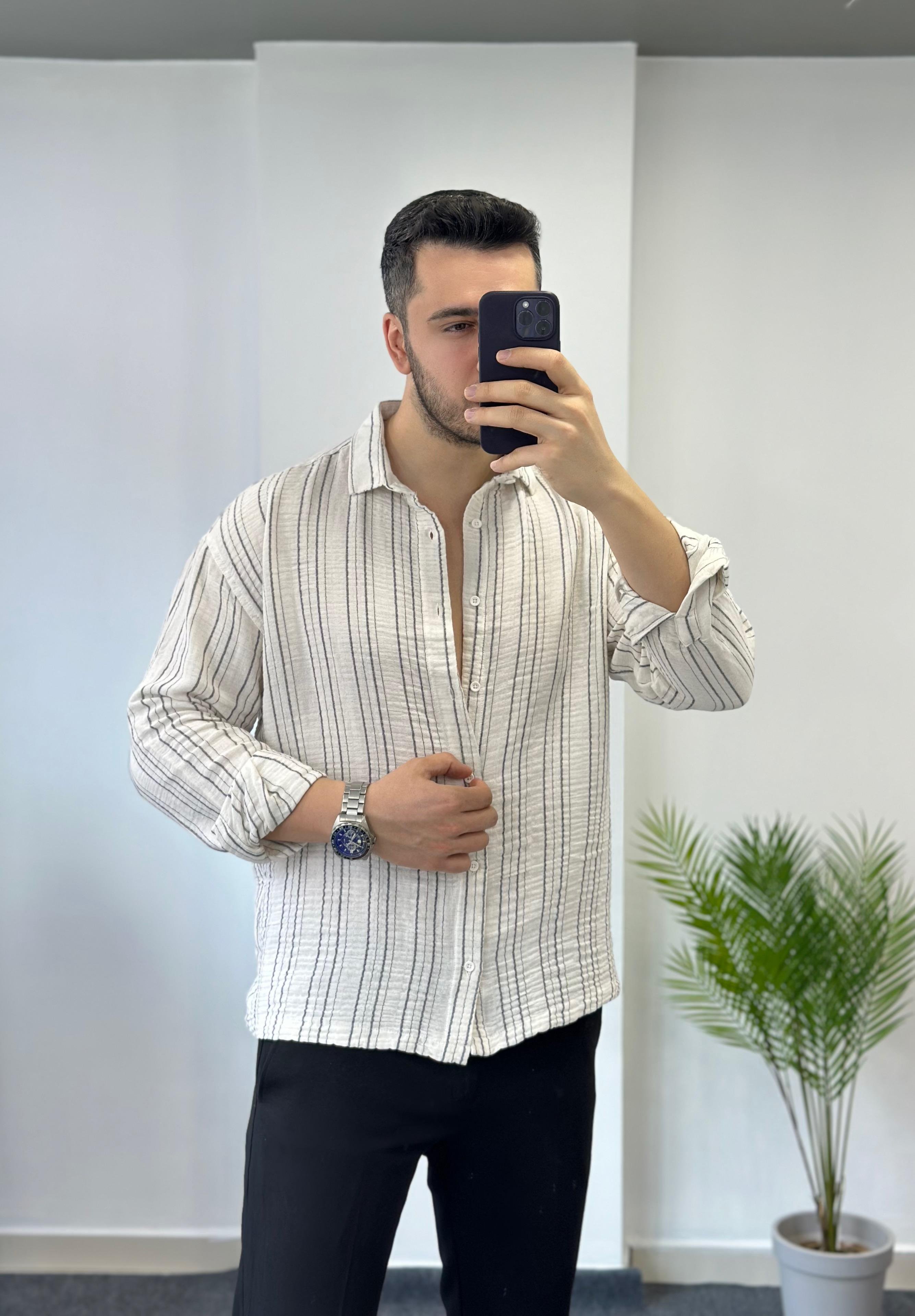 Müslin Siyah Çizgili Oversize Keten Gömlek 