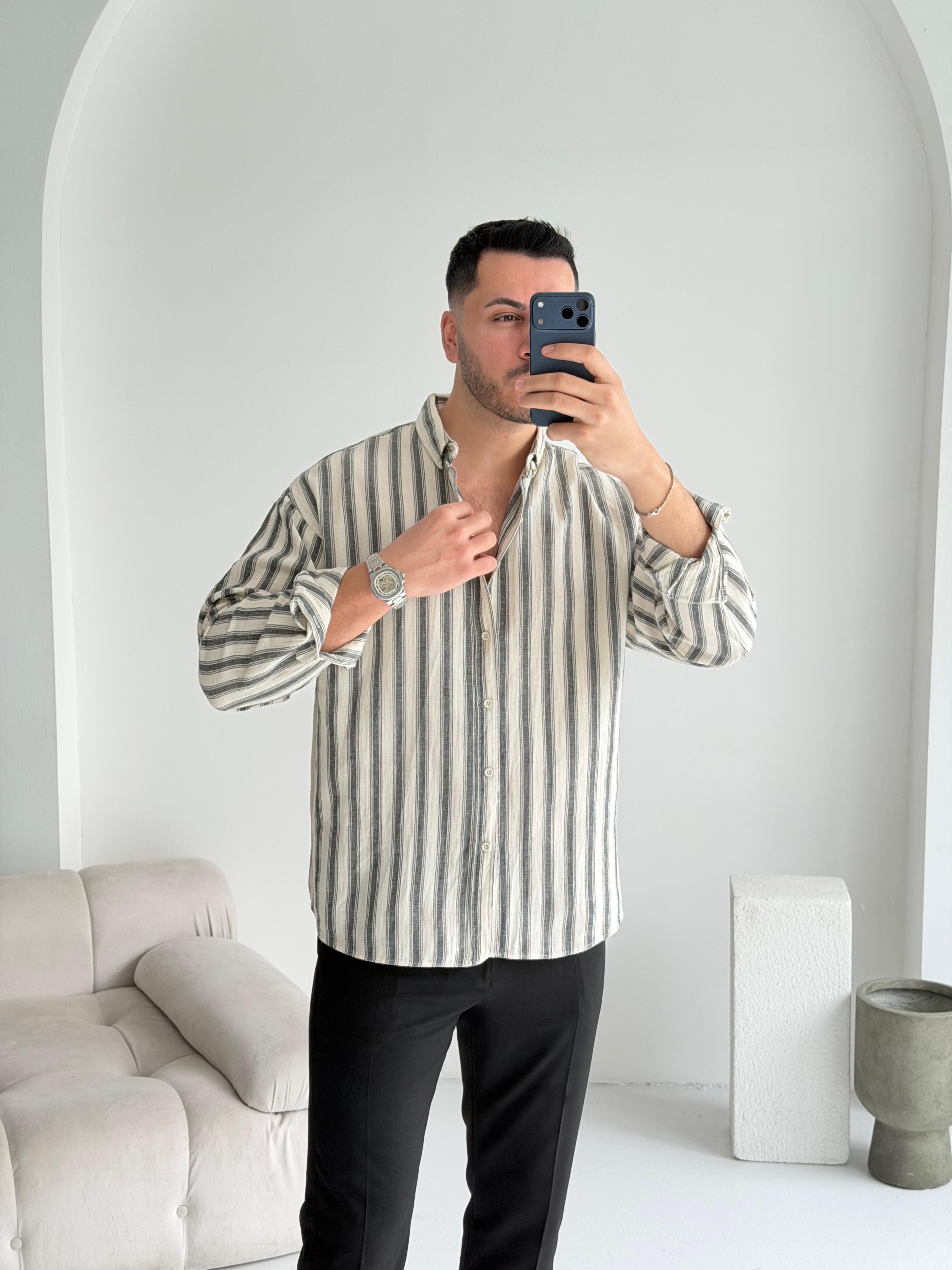 Müslin Siyah Çizgili Oversize Keten Gömlek