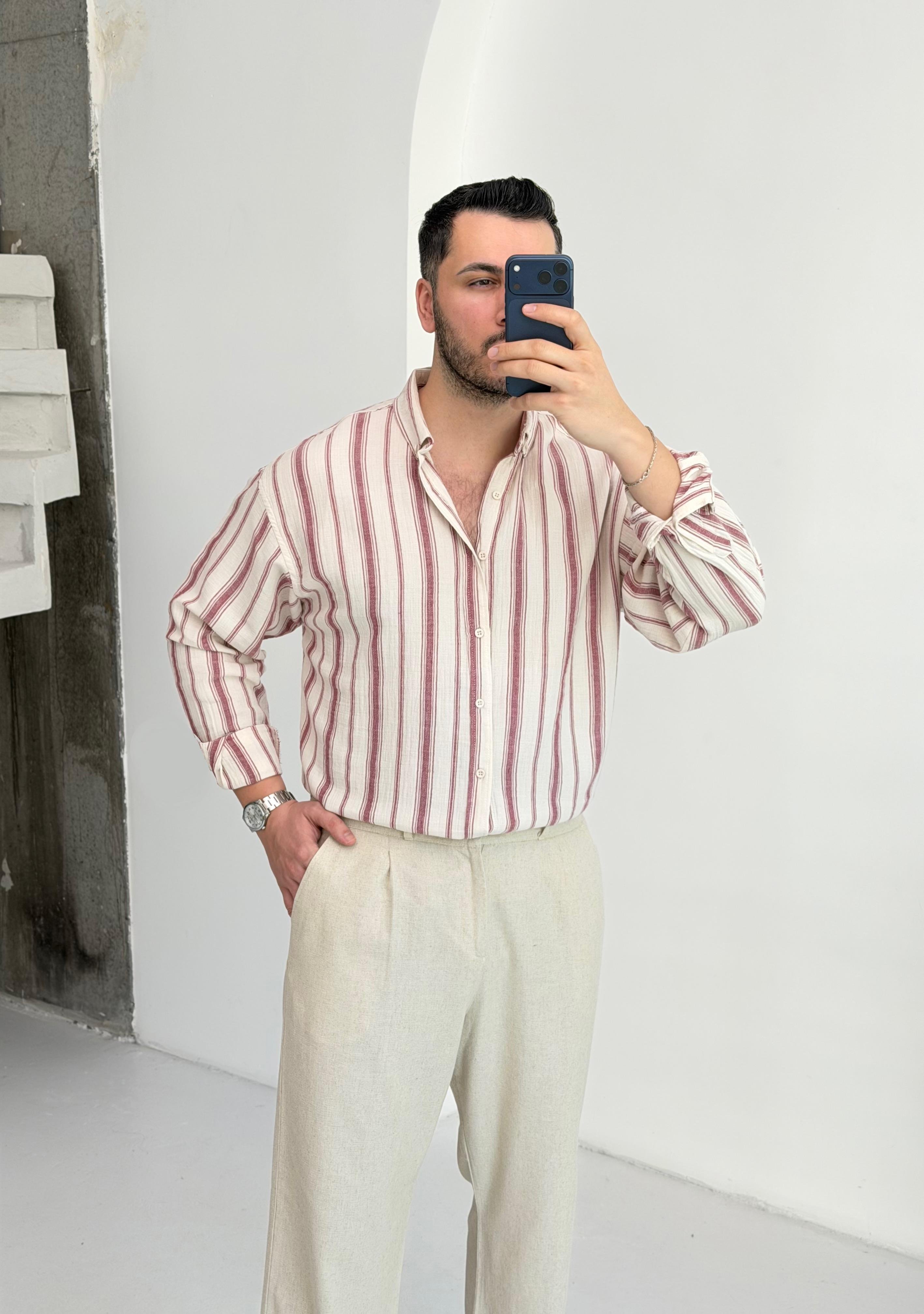 Müslin Vişne Çizgili Oversize Keten Gömlek