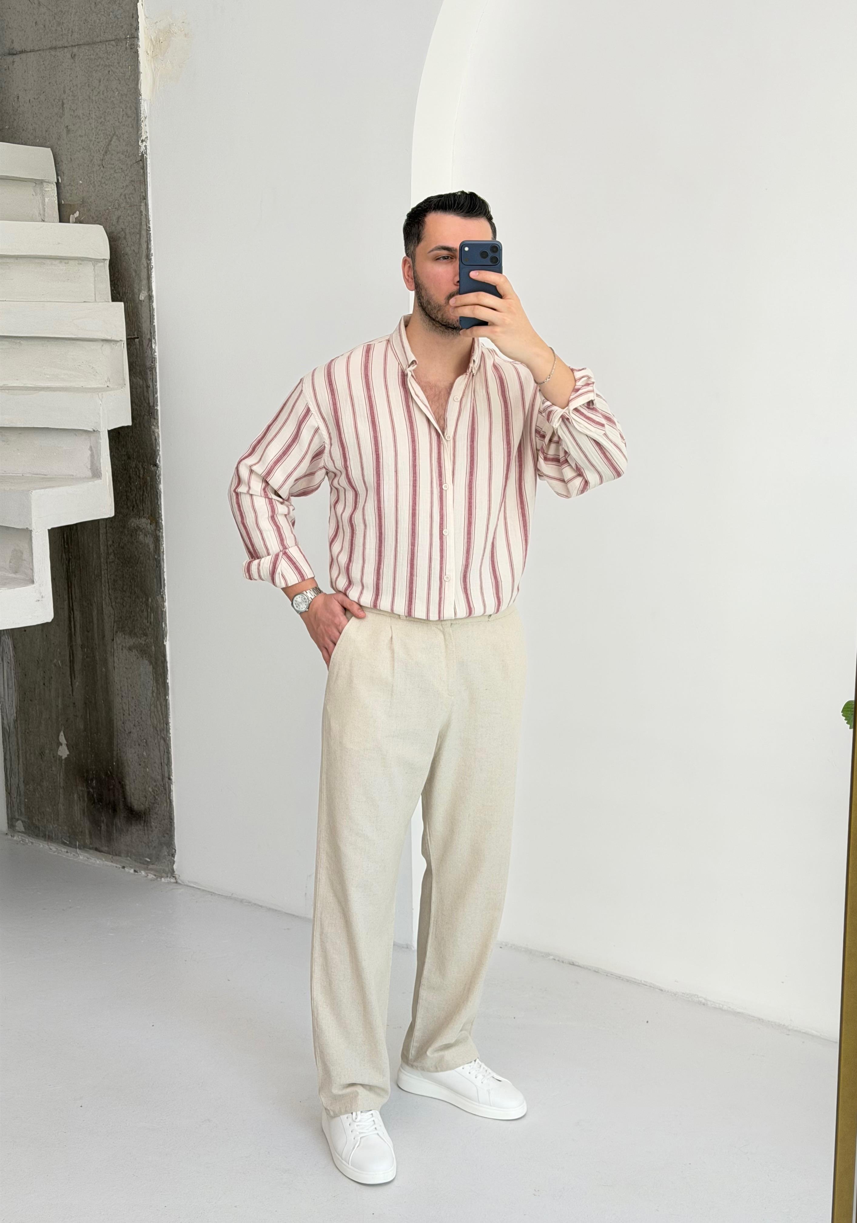 Müslin Vişne Çizgili Oversize Keten Gömlek