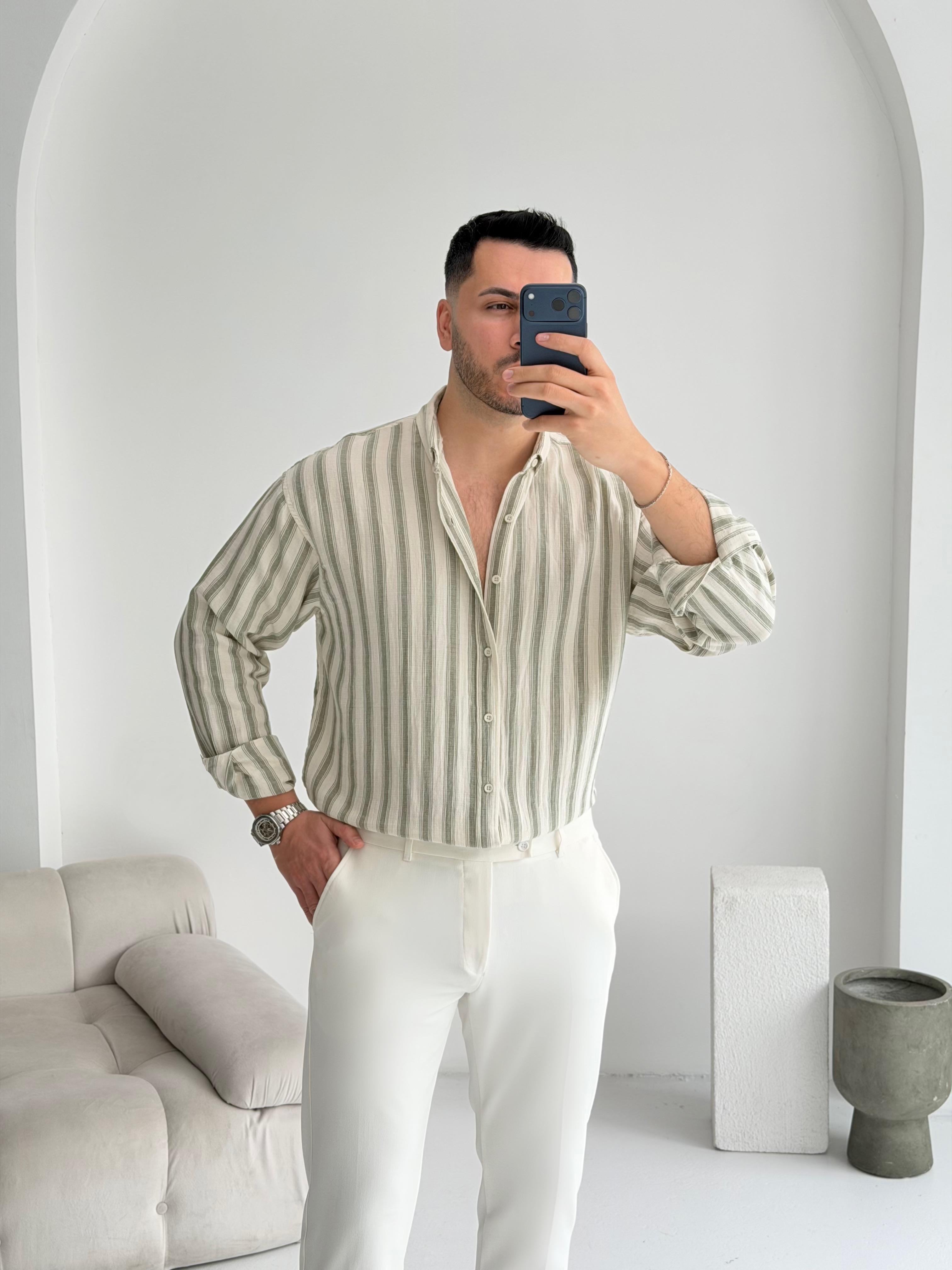 Müslin Yeşil Çizgili Oversize Keten Gömlek 