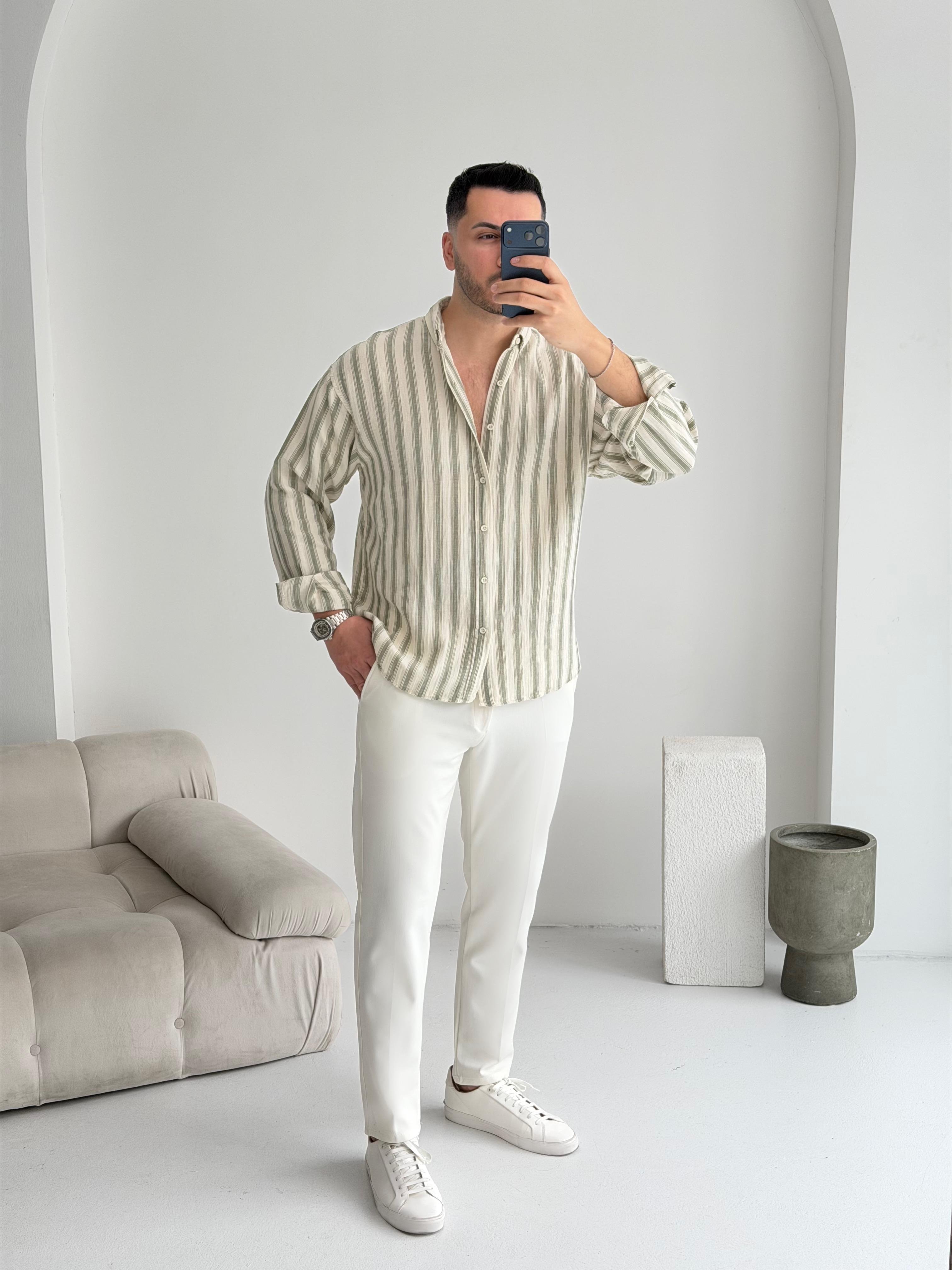 Müslin Yeşil Çizgili Oversize Keten Gömlek 