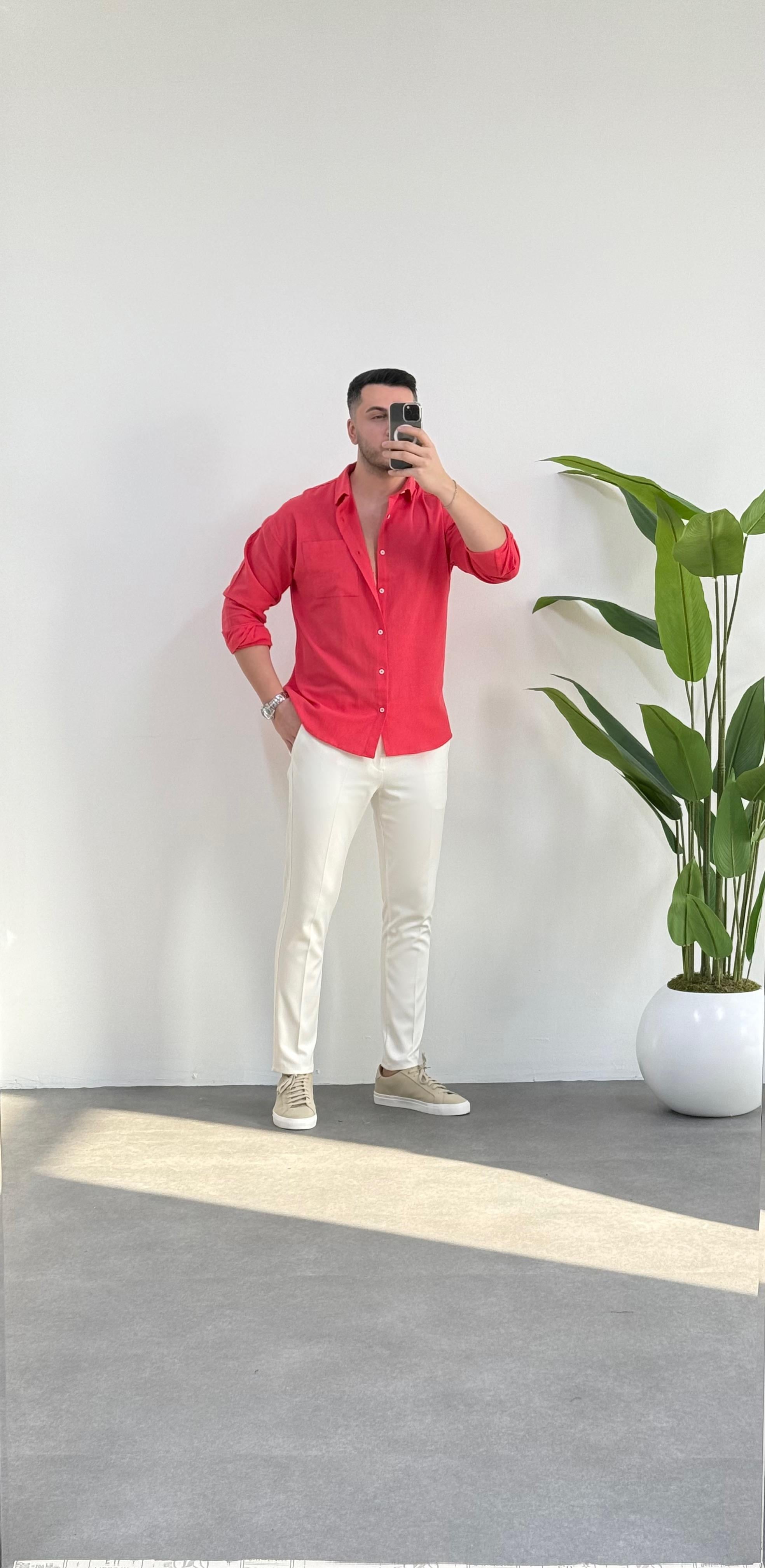 Nar Çiçeği Oversize Keten Gömlek 