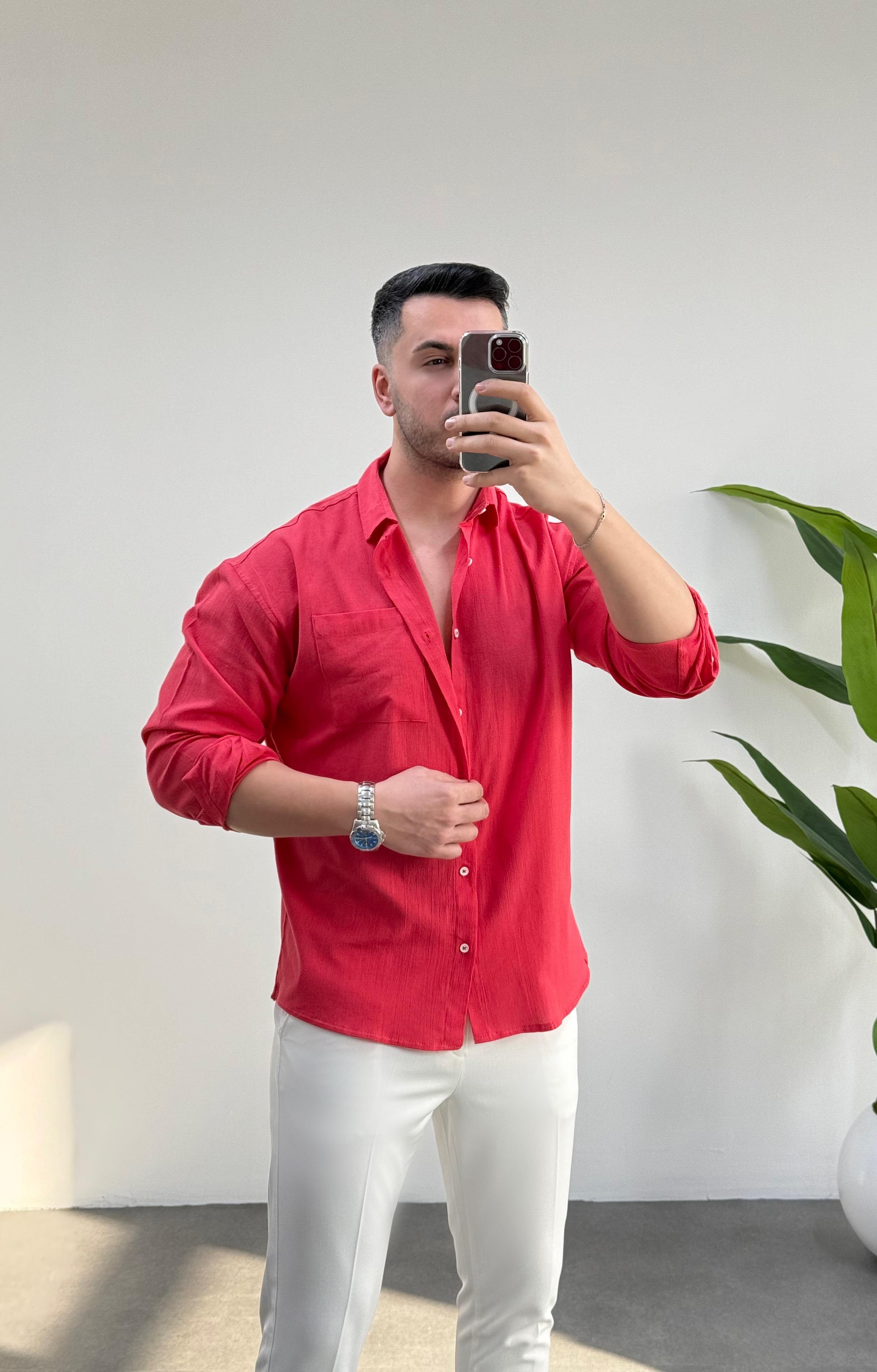 Nar Çiçeği Oversize Keten Gömlek 