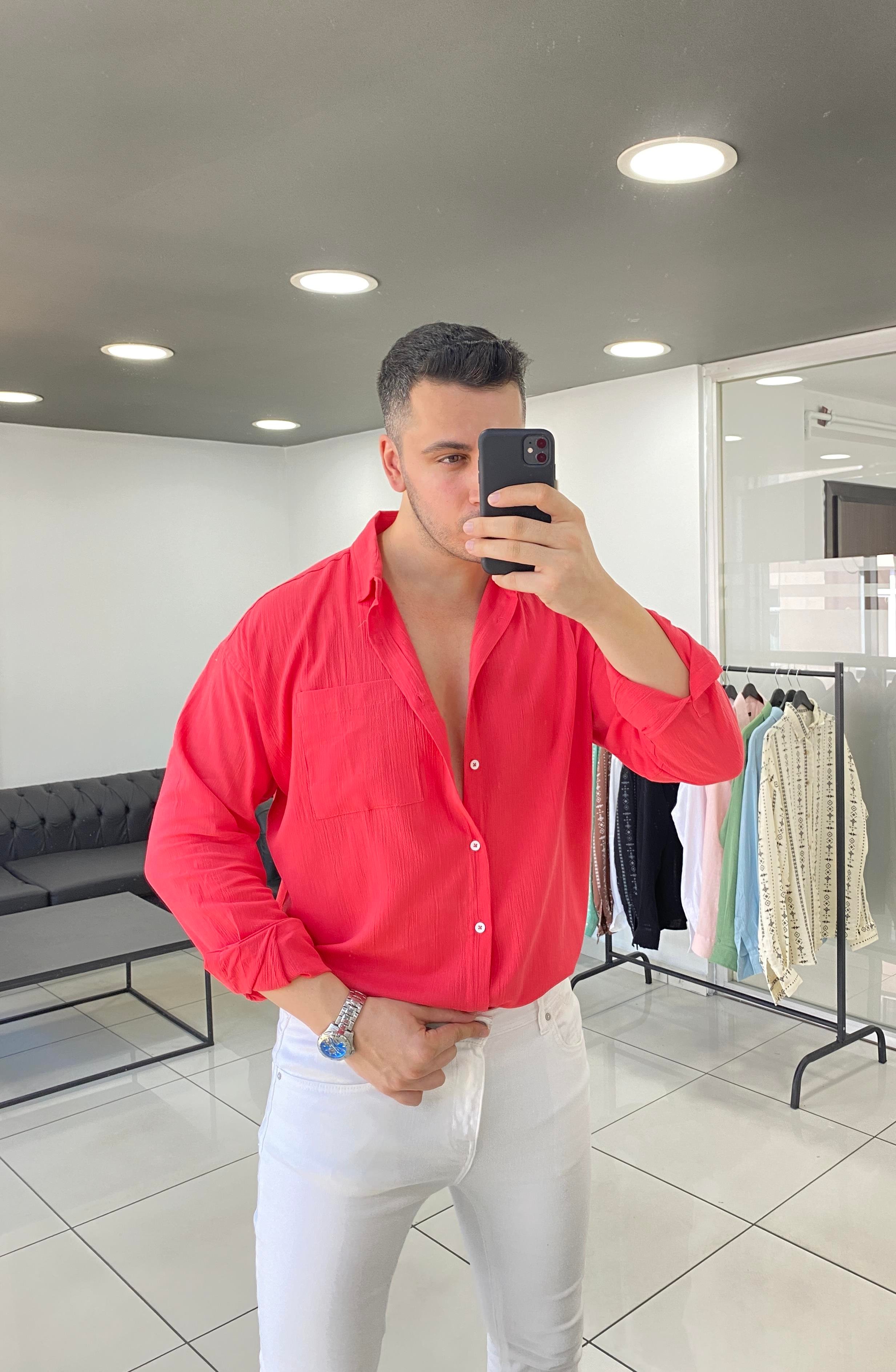 Nar Çiçeği Oversize Keten Gömlek