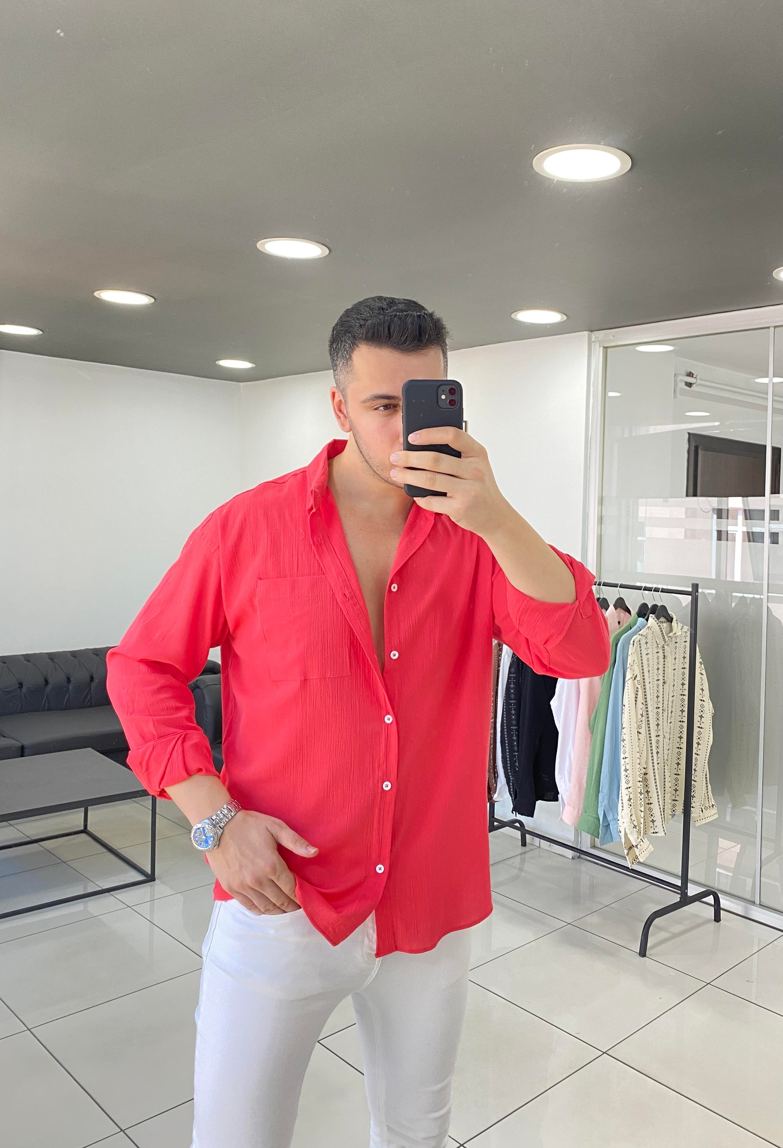 Nar Çiçeği Oversize Keten Gömlek