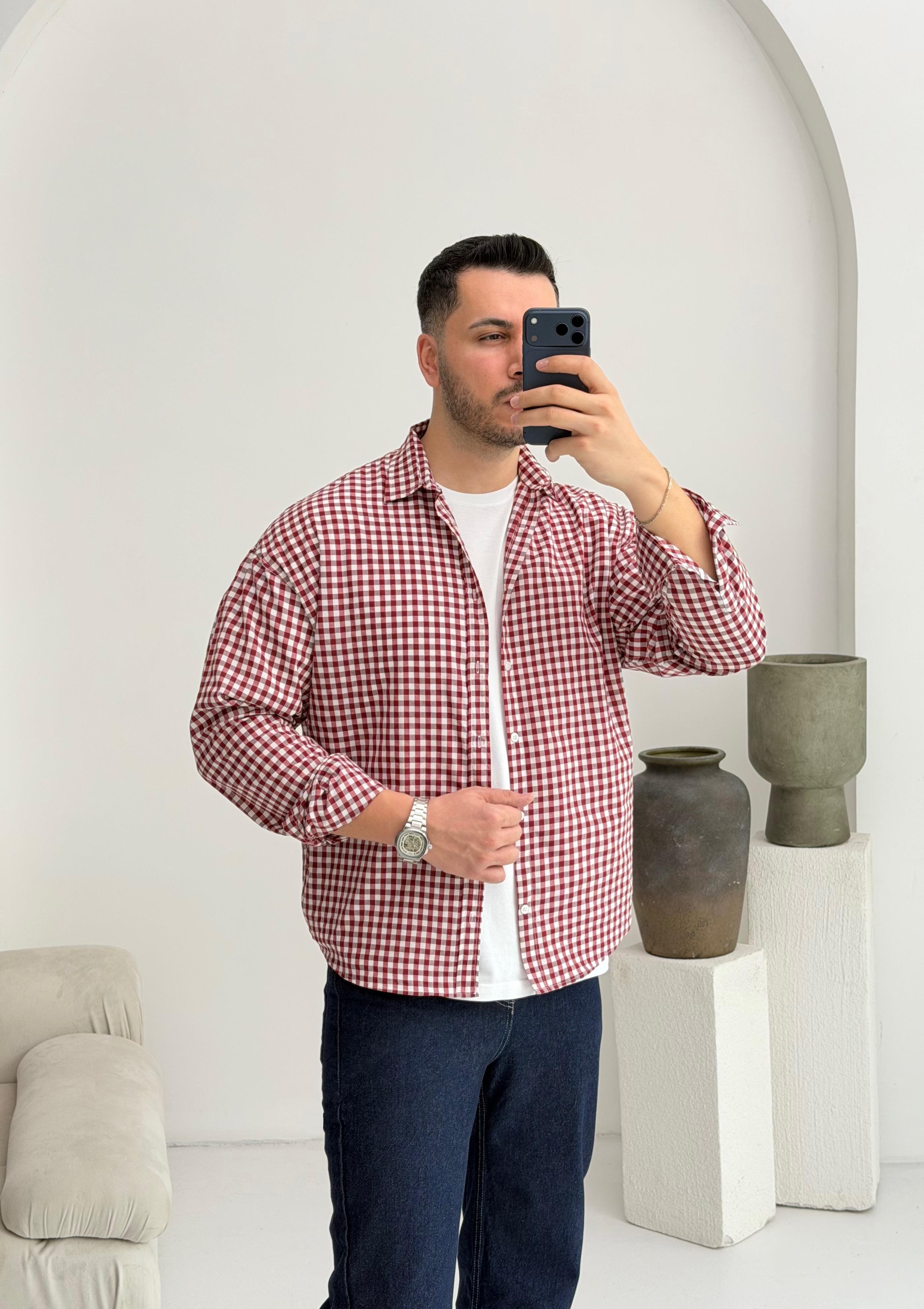 Noche Kırmızı Ekose Oversize Gömlek