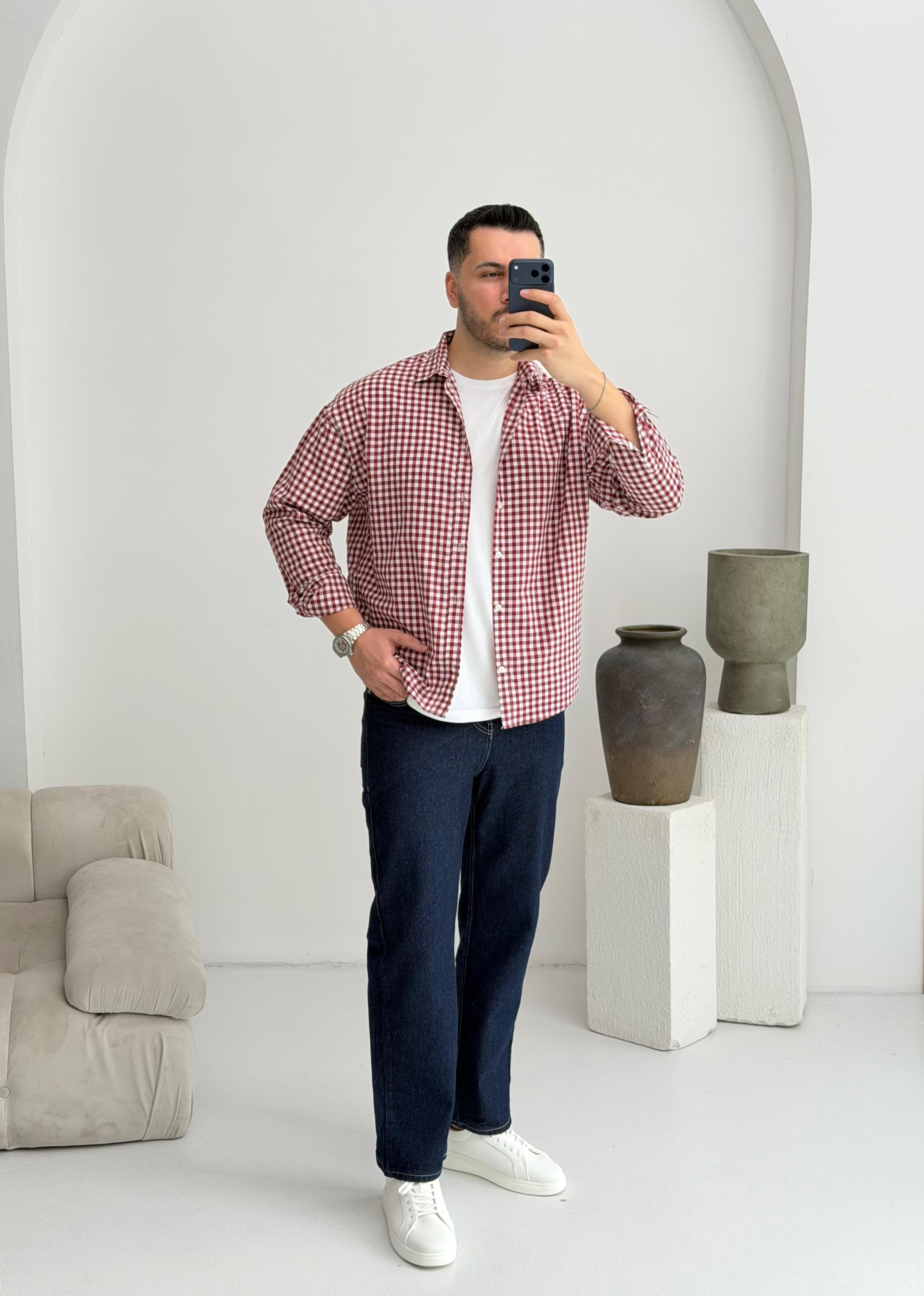 Noche Kırmızı Ekose Oversize Gömlek