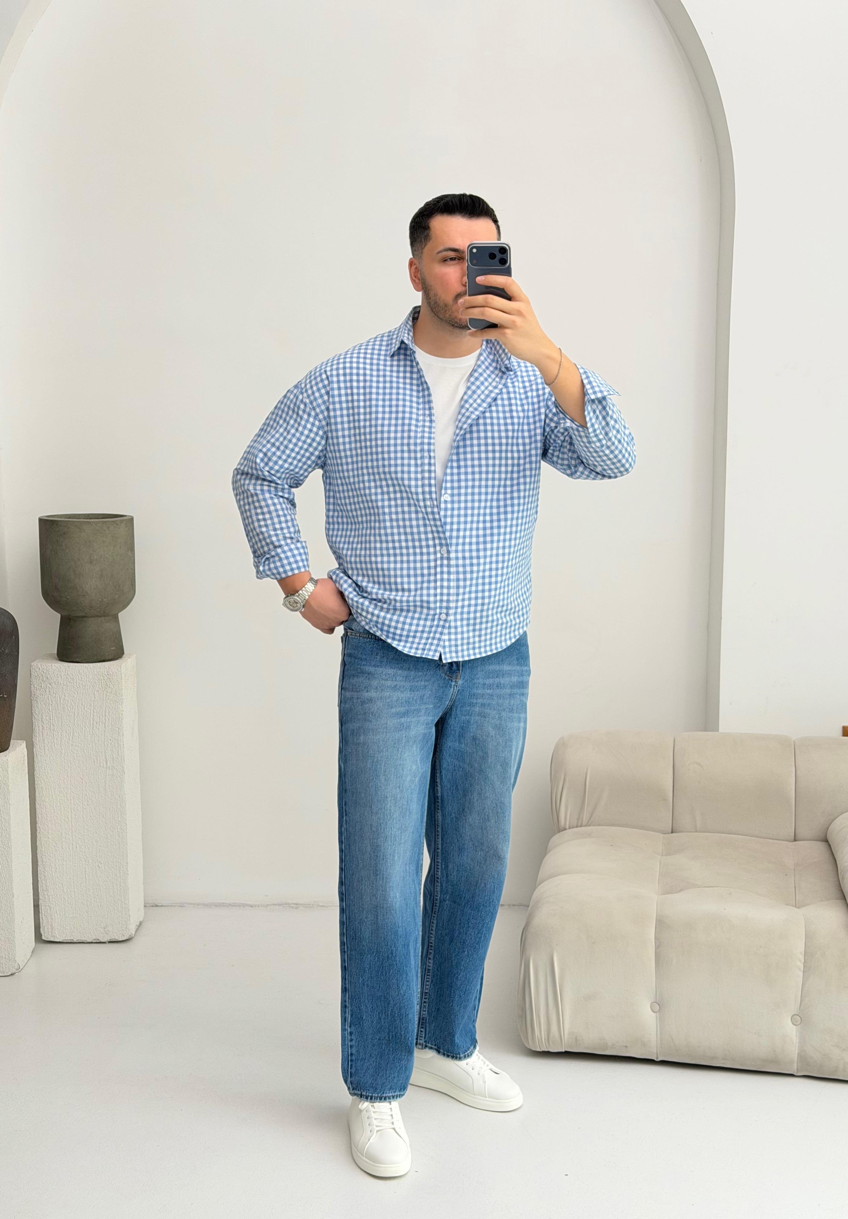 Noche Mavi Ekose Oversize Gömlek